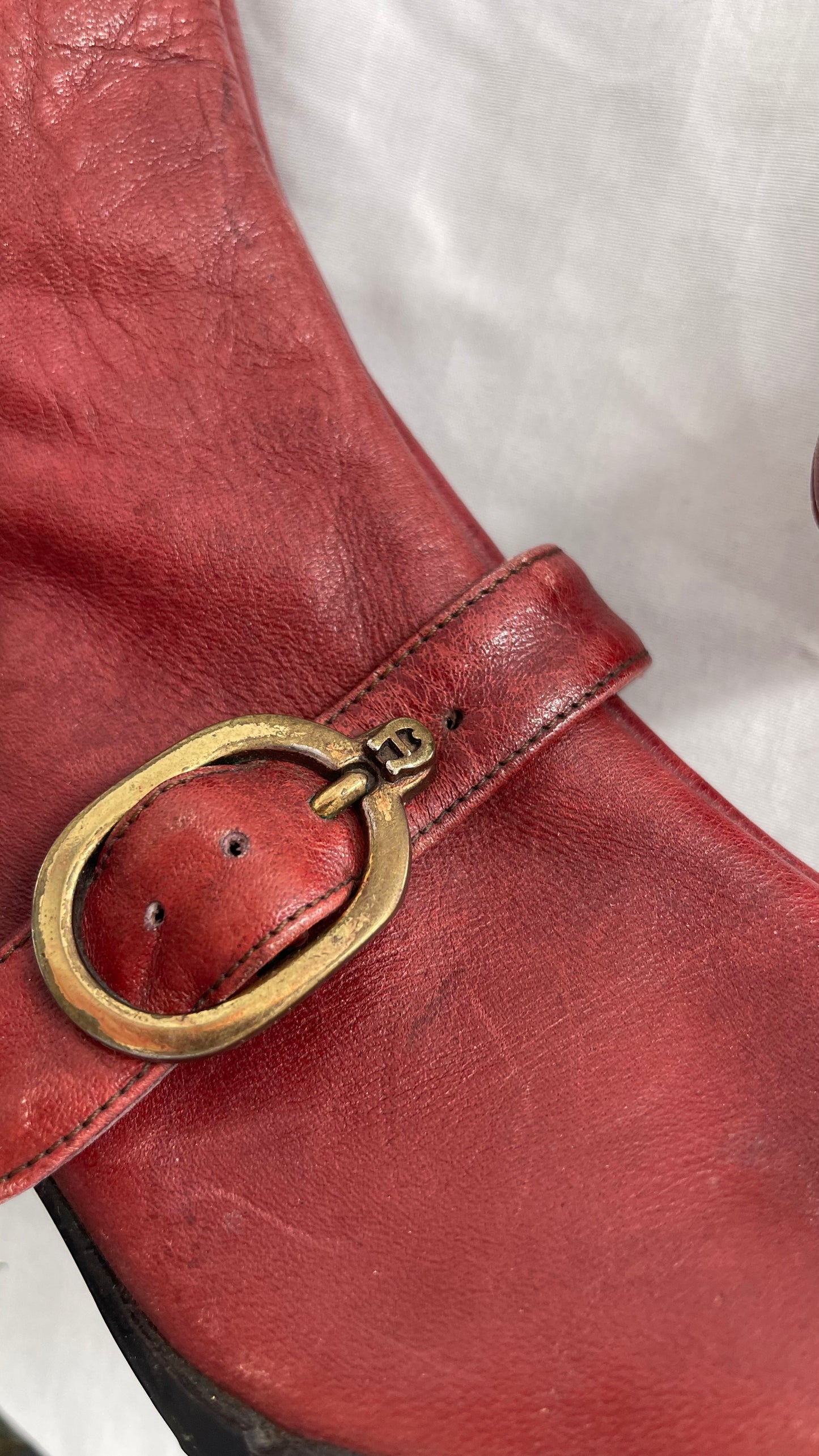 Vintage Etienne Aigner Red Italian Leather Boots with Buckle Strap (8.5)