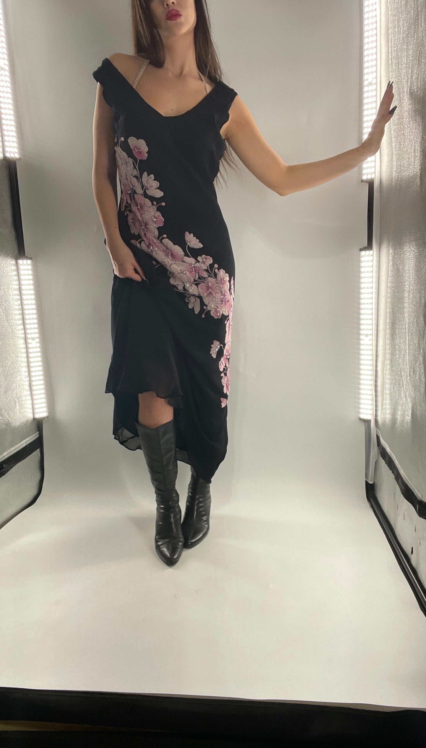 Vintage Dress Barn Black Slinky Maxi Dress with Pink Floral Graphic and Sequins (L)
