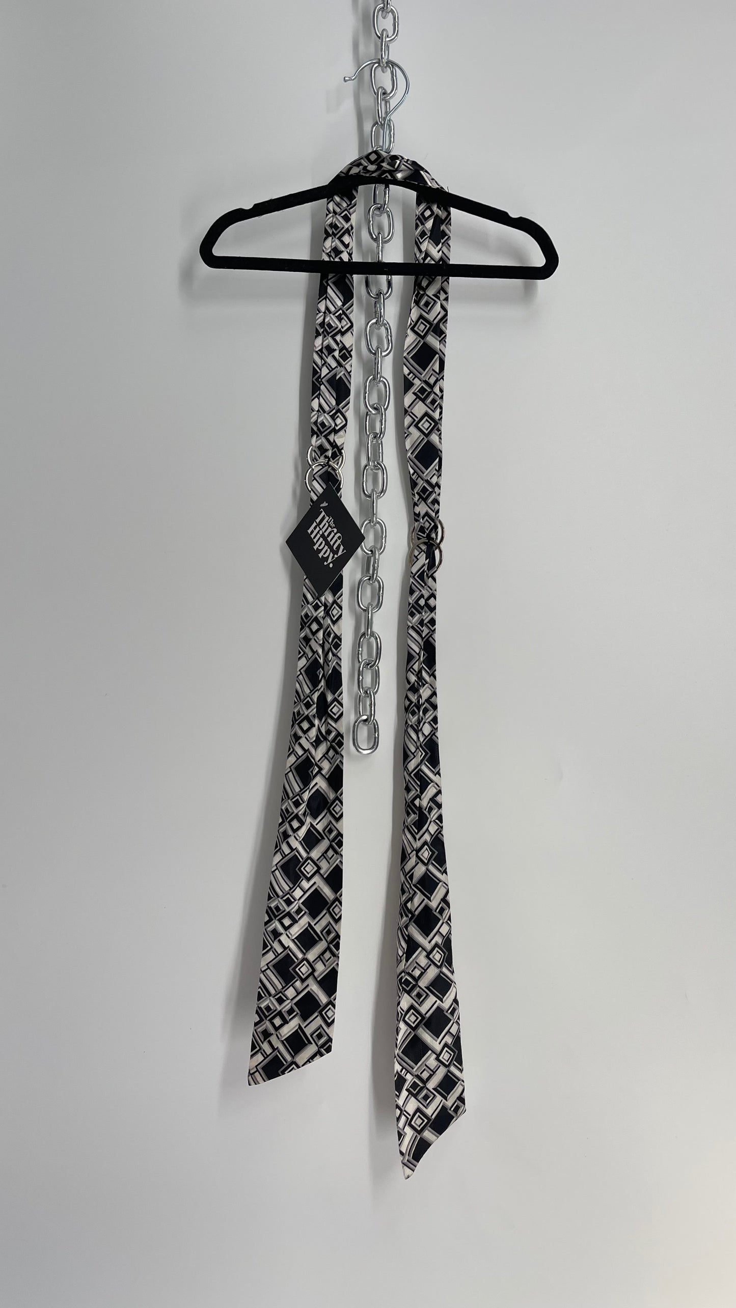 Vintage Black and White Abstract Geometric Silky Skinny Belt/Scarf