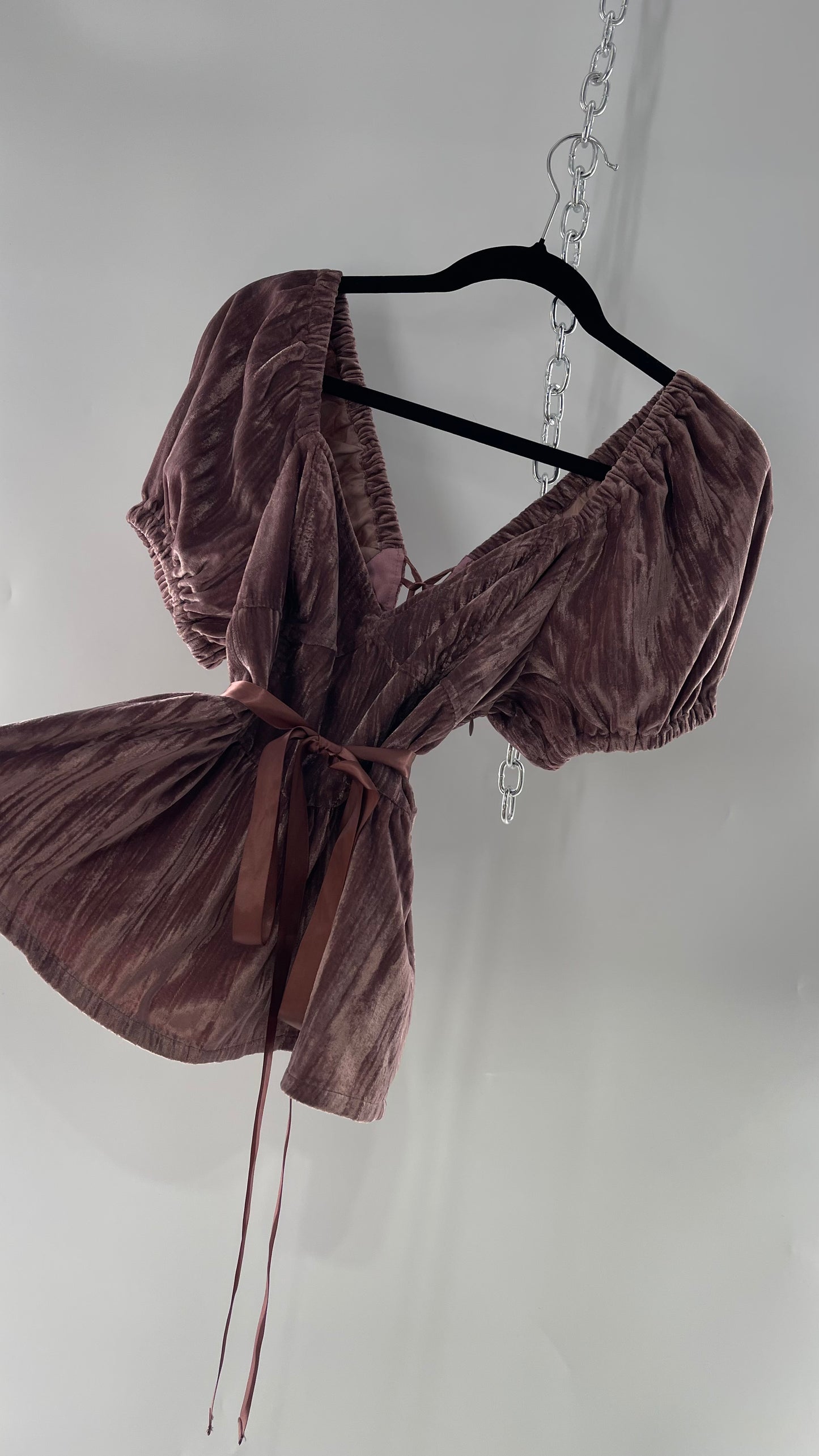 Porridge Dusty Purple Velvet Puff Sleeve Corset-esque Tie Up Back Peplum Blouse with Bust Stitching (Medium)