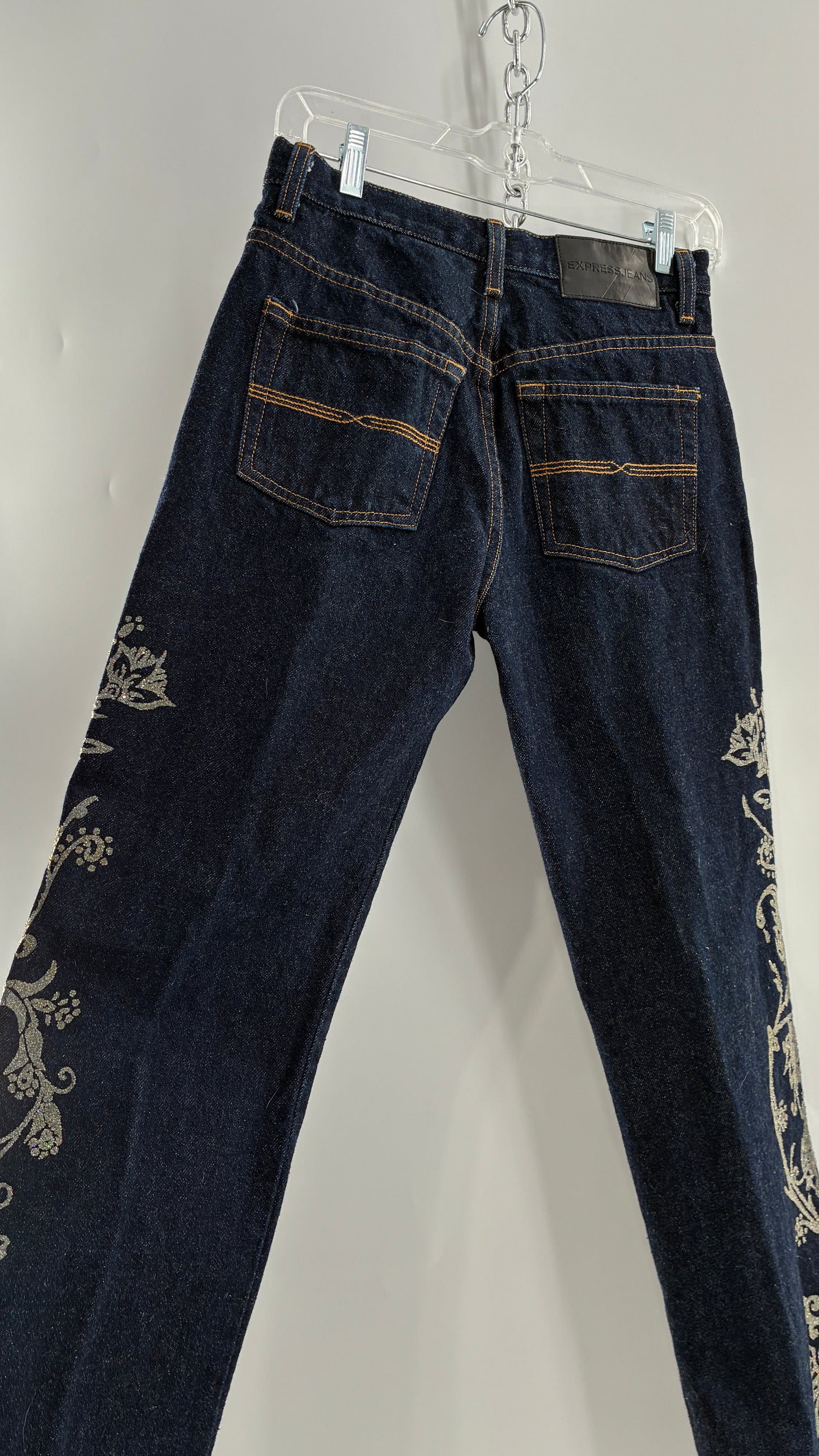 Vintage EXPRESS JEANS Dark Wash with Iridescent, Embellished, Textured Design Running Down Pant Leg (3/4)