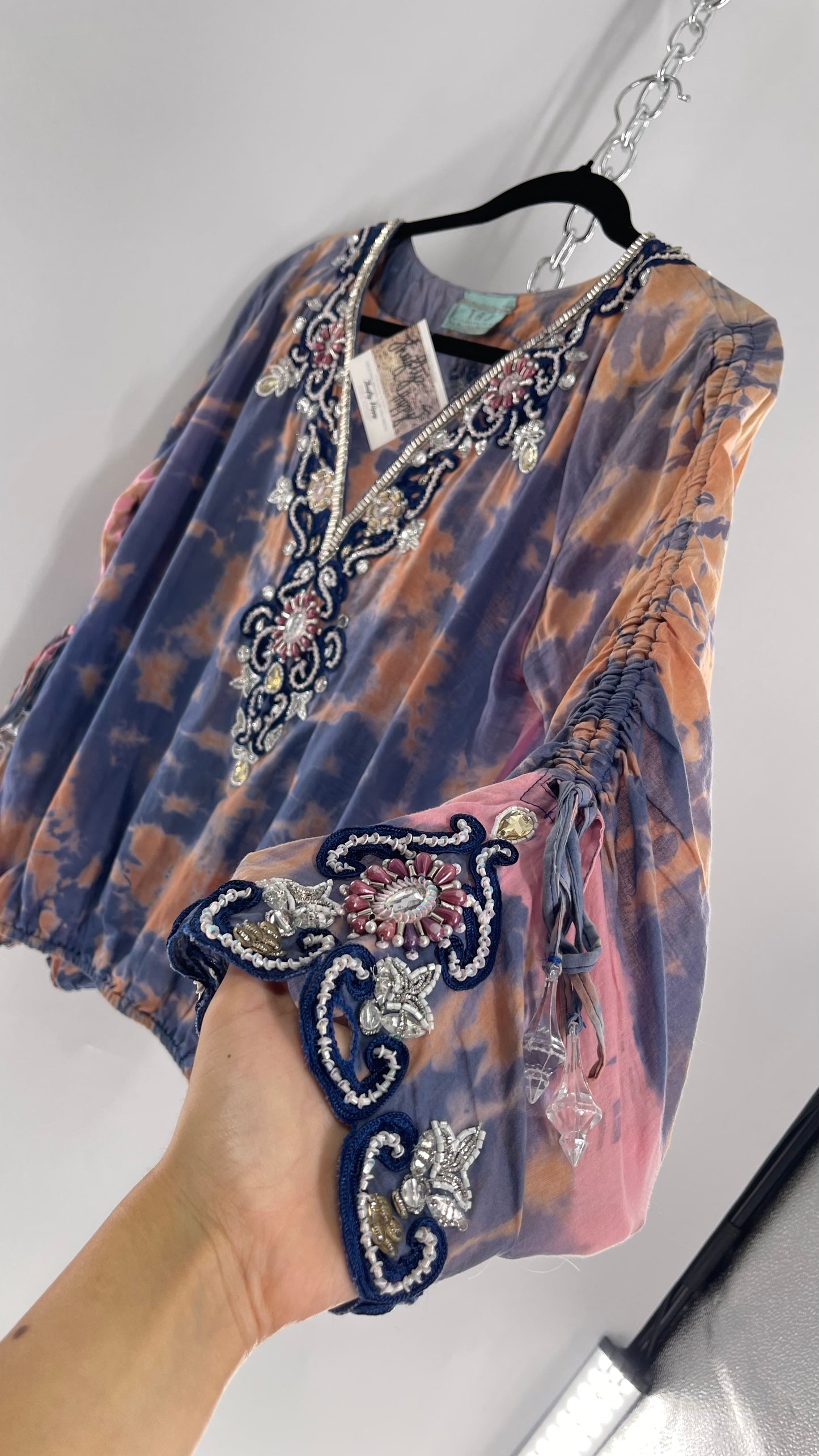 TAJ by Sabrina Crippa Tie Dye Blouse with Gemstone Encrusted Neckline and Ruched Beaded Sleeves (S/M)