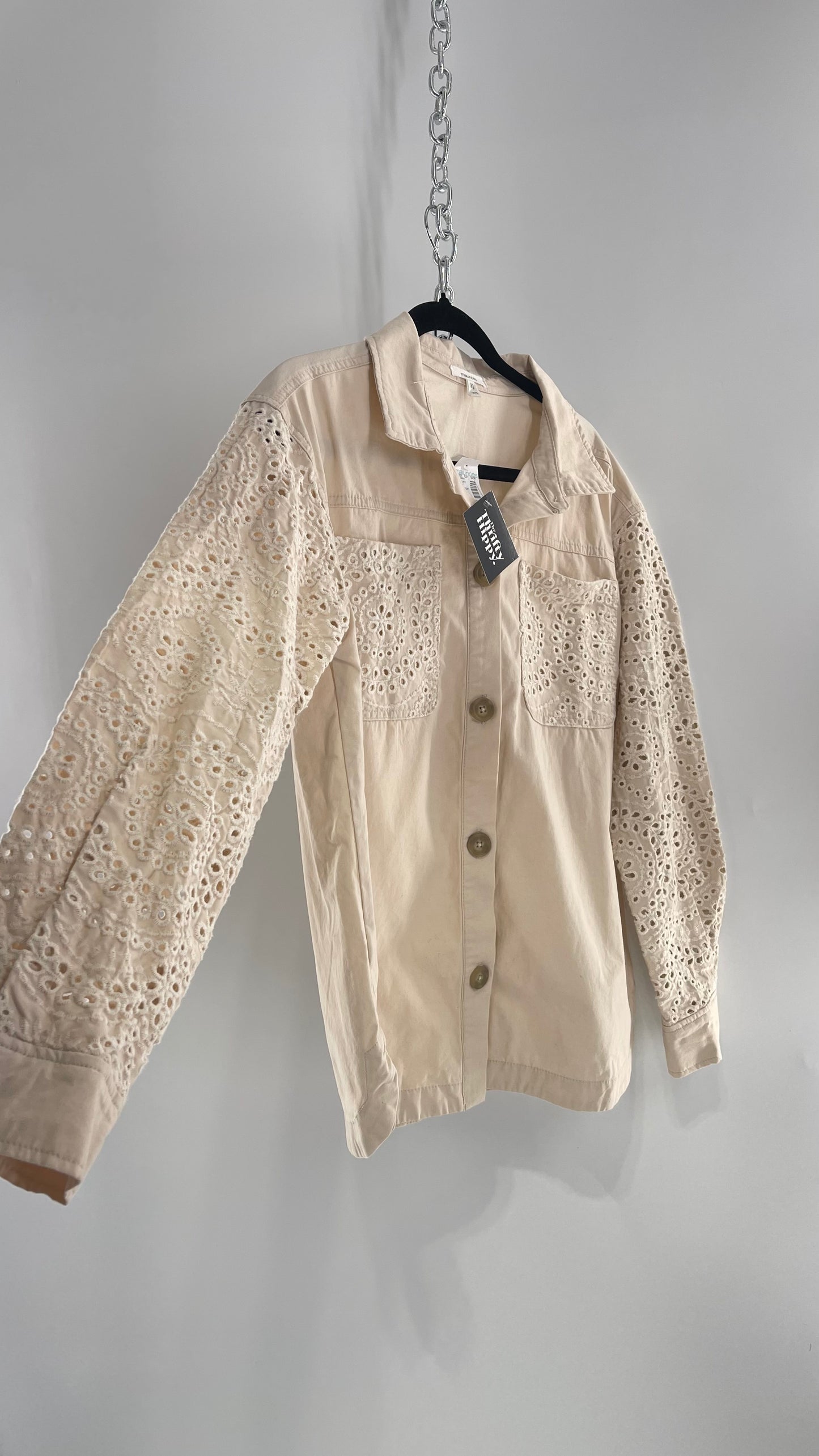 Maurices Anthropologie Beige Cotton Button Up with Eyelet Lace Sleeves and Pockets with Tags Attached (XS)