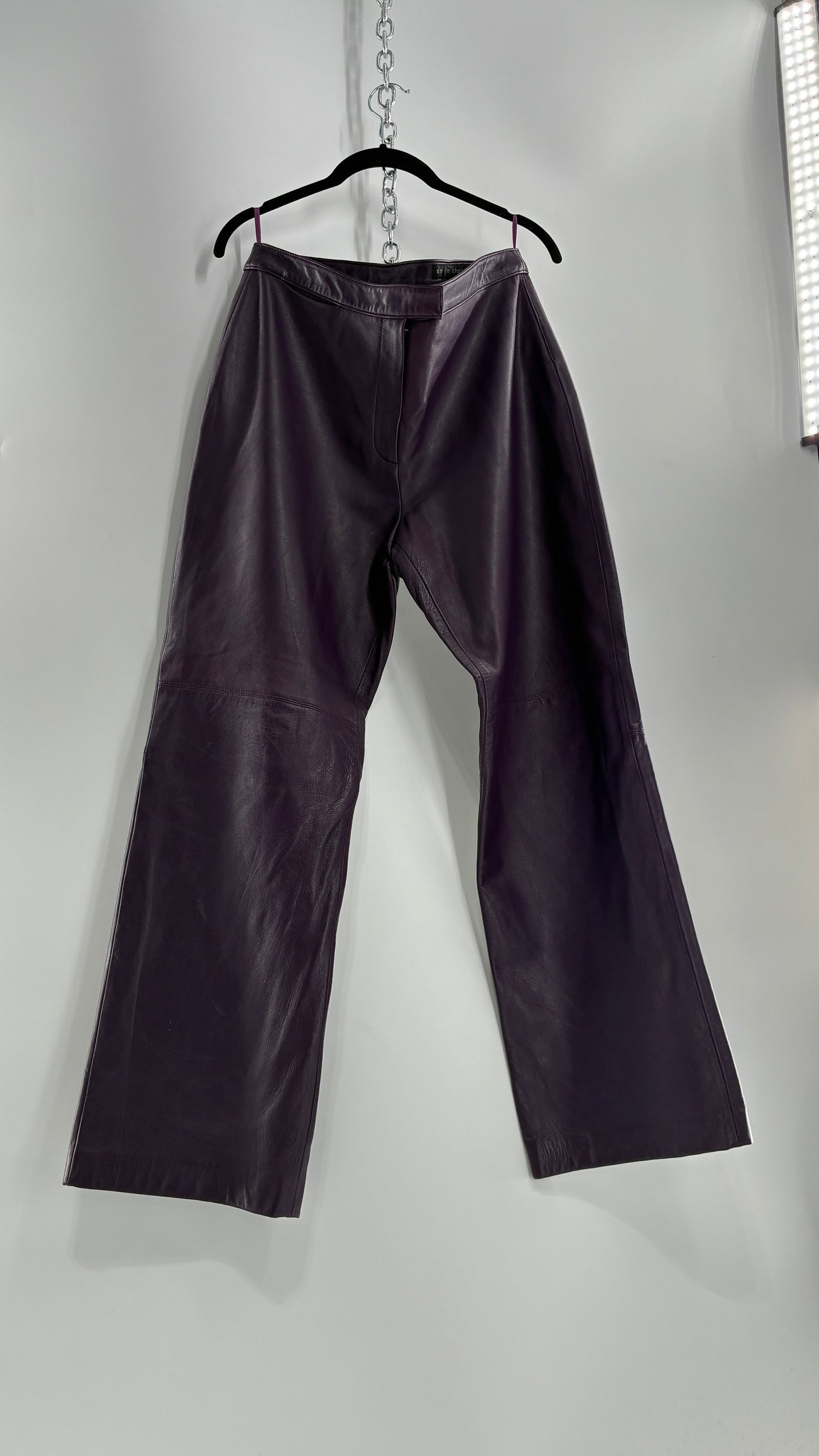 Vintage SHIN CHOI Genuine Italian Leather Purple Side Closure Low Rise Pants (12)