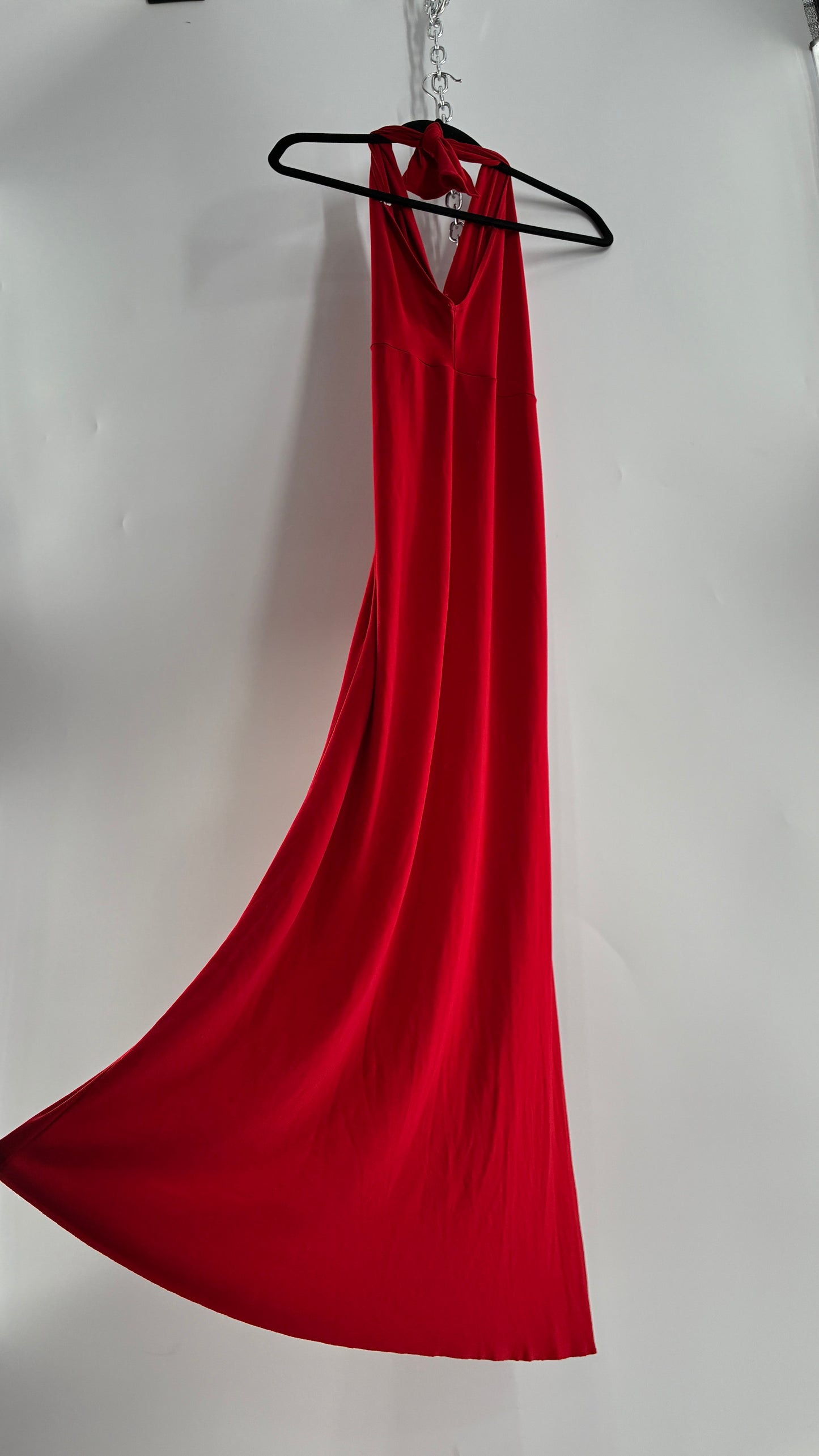 Vintage SYMPHONY Lycra Red Halter Full Length Dress with Sequin Bust Detail (Small)