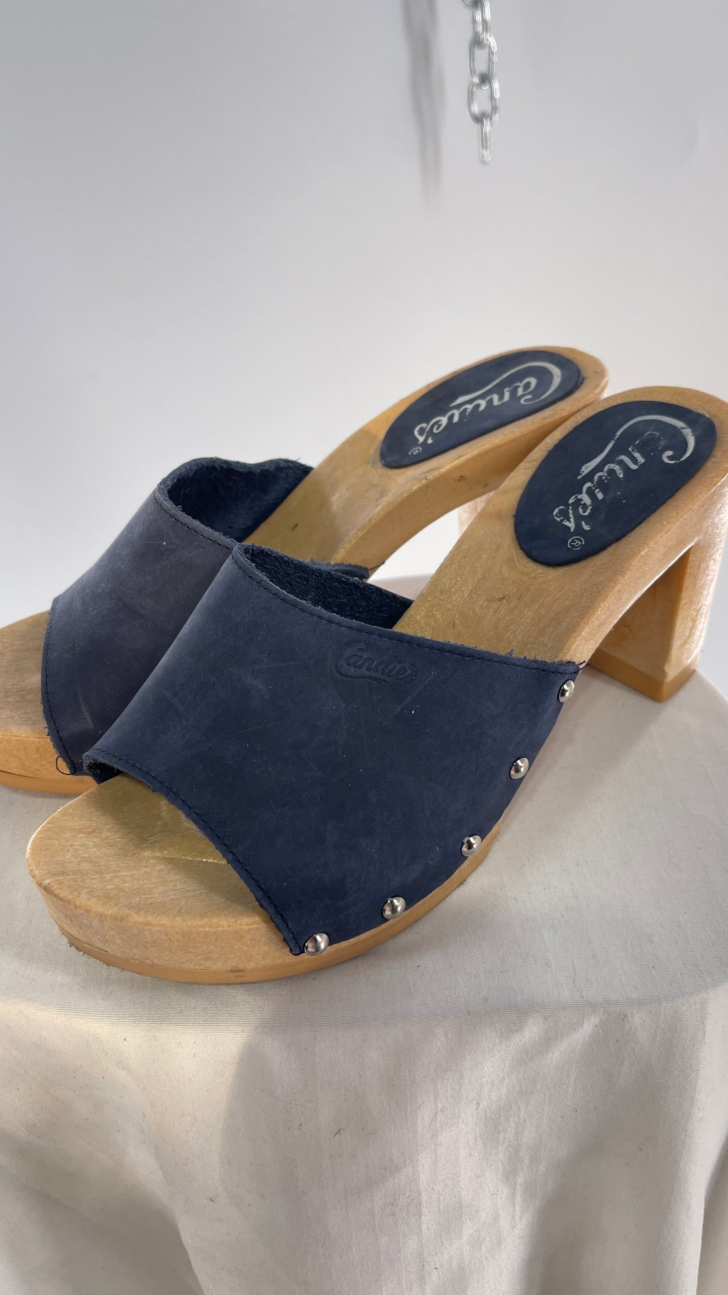 Vintage Candies 1980s Navy Blue HOT Side Studded High Heel Slides (8)