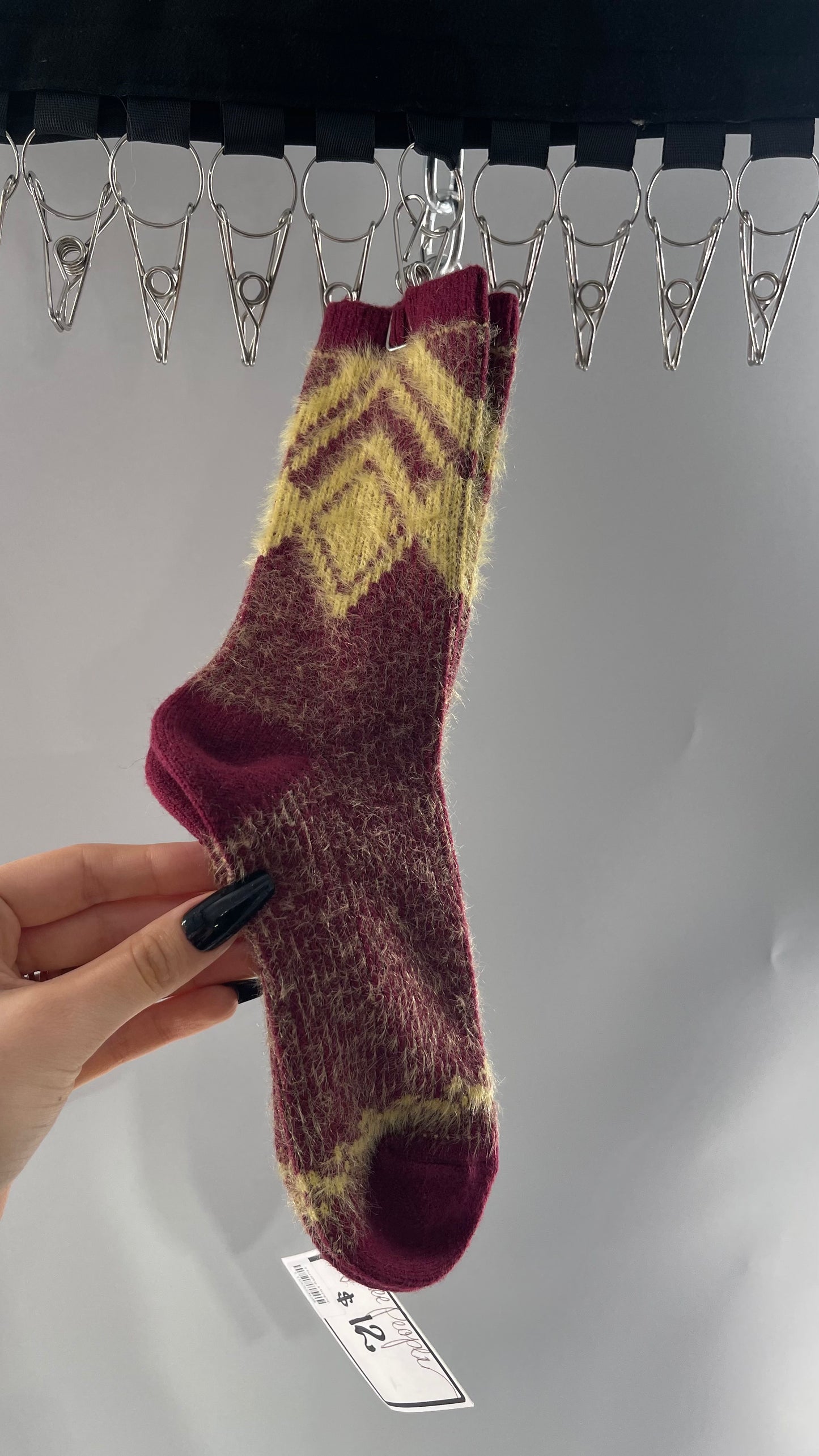 Free People Maroon/Burgundy Fuzzy Cozy Socks with Yellow Argyle Pattern