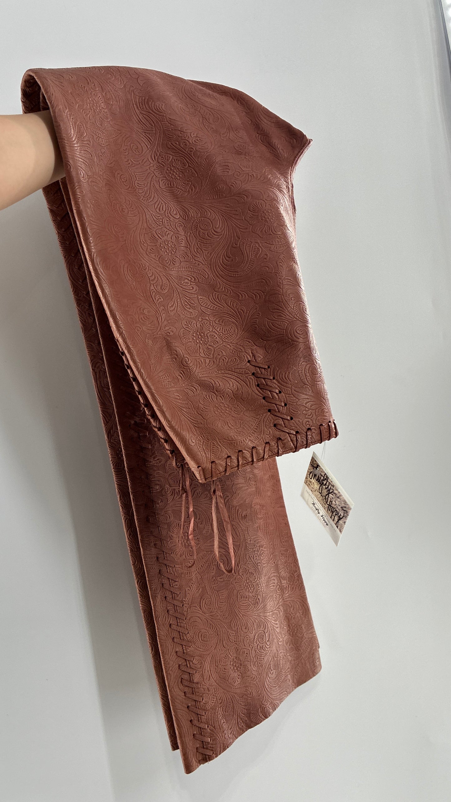 Vintage Embossed Paisley Patterned Genuine Leather Pants with Stitching Details (No Label Unbranded, S)