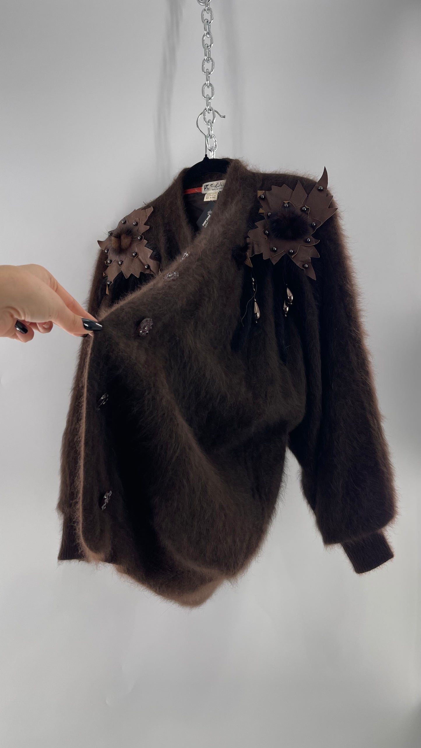 Liho Korean Vintage Brown Cardigan with Leather, Fur and Beaded Detailing 15% Wool 75% Angora  (C)(Medium)
