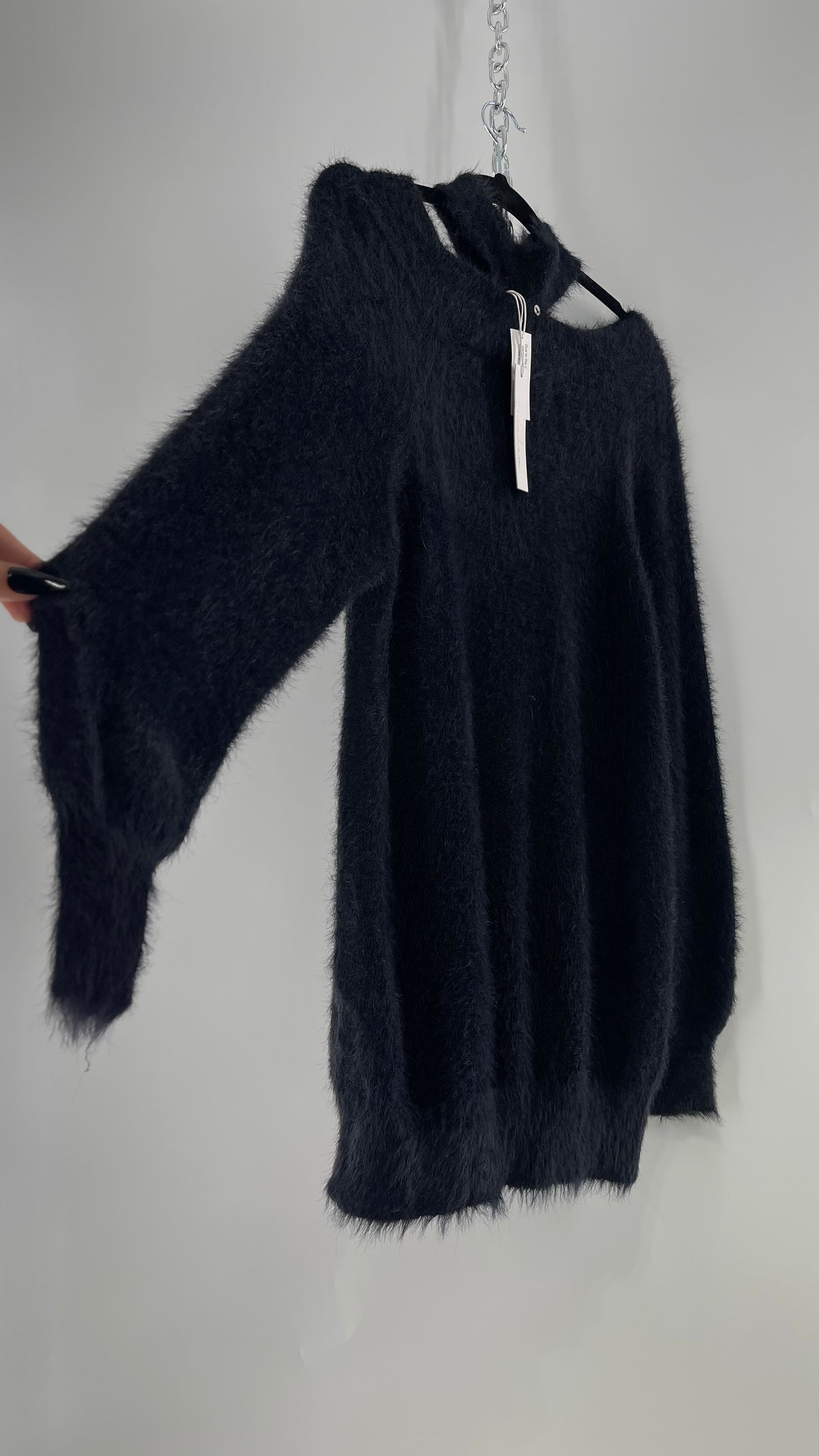Callahan Black Fuzzy/Shaggy Slouchy Sweater with Choker Neckline Detail (Small)