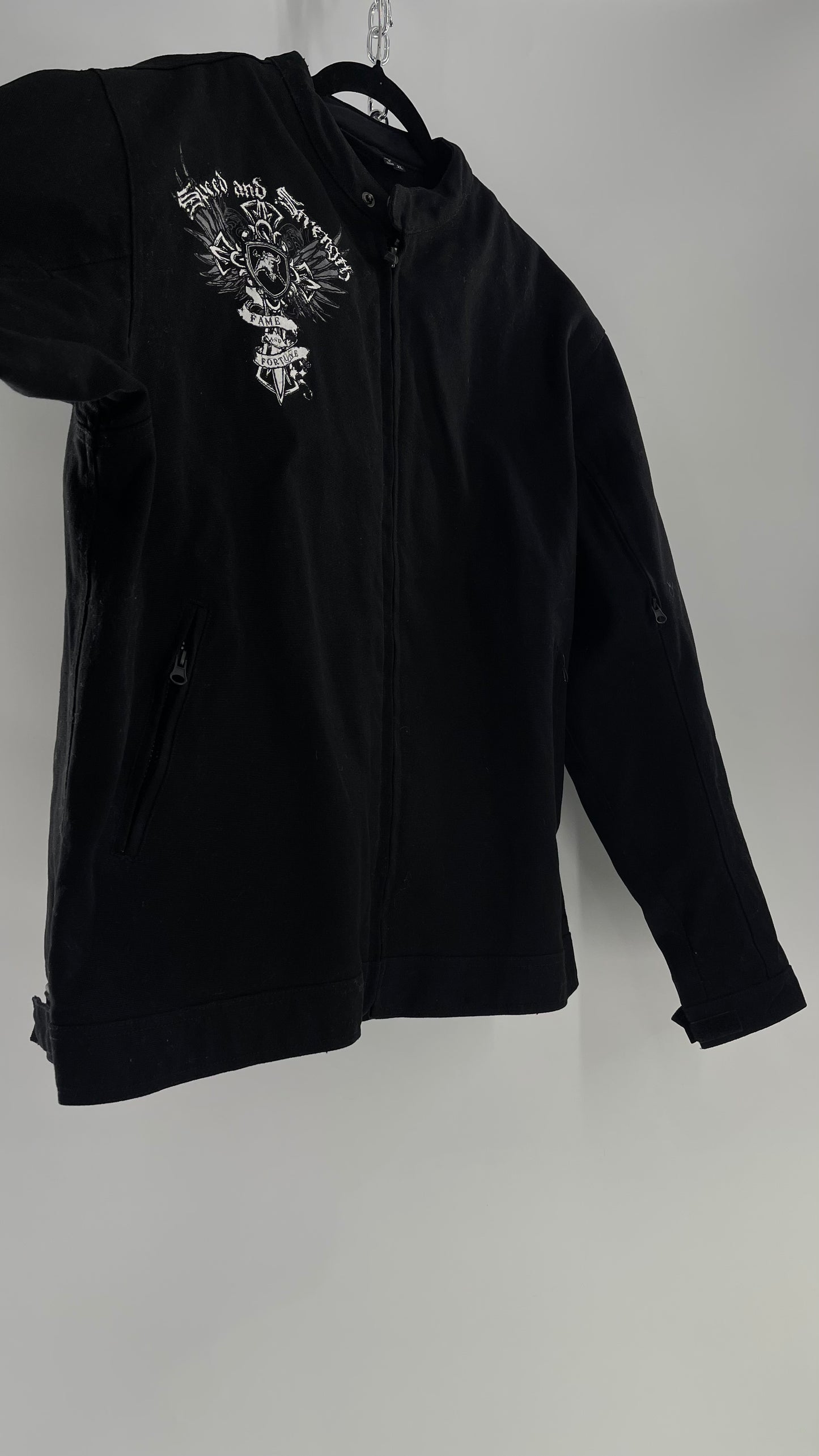 Vintage Speed + Strength Grunge Punk Riding Motorcycle Jacket with Cross Embroidery, Wings, Fame + Fortune, Speed + Strength Men’s Unisex (XXL)