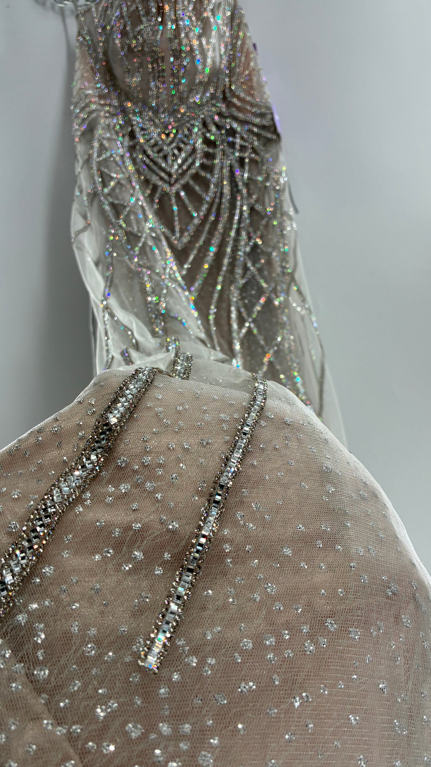 NWT LADIVINE by Cinderella Divine Silver Nude CC6018 Mermaid Corseted Gown with Multiple Layers of Tulle, Covered in Crystal Strips (16)