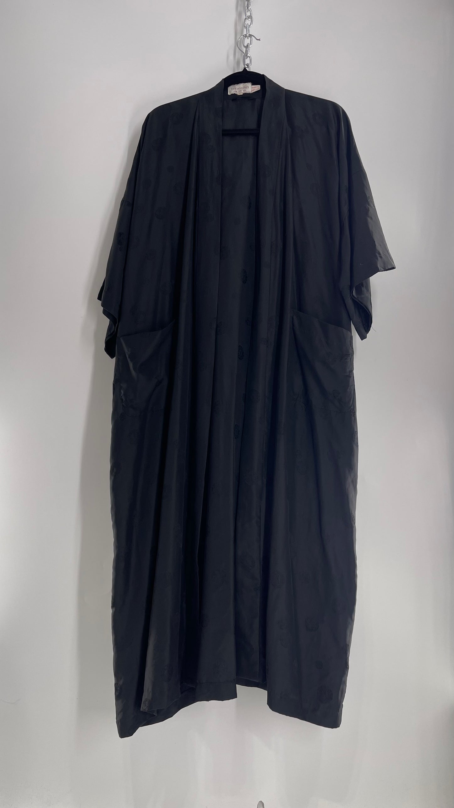 Vintage TREESHA 100% Pure Silk Black Long Embossed Robe (Large)