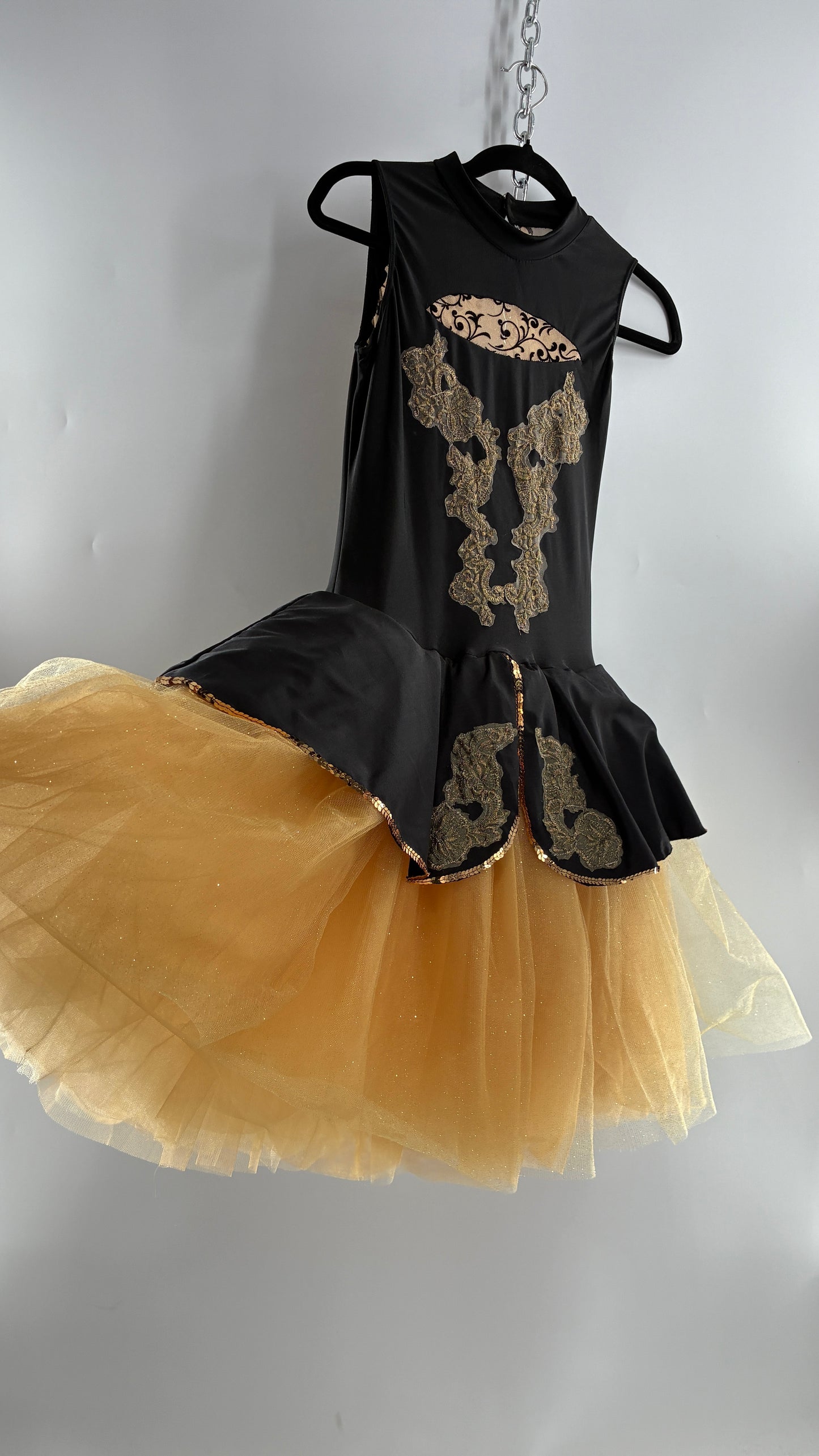 Costume Dancewear Mini Dress with Full Tulle Skirt, and Lace Appliqués (Medium Adult)