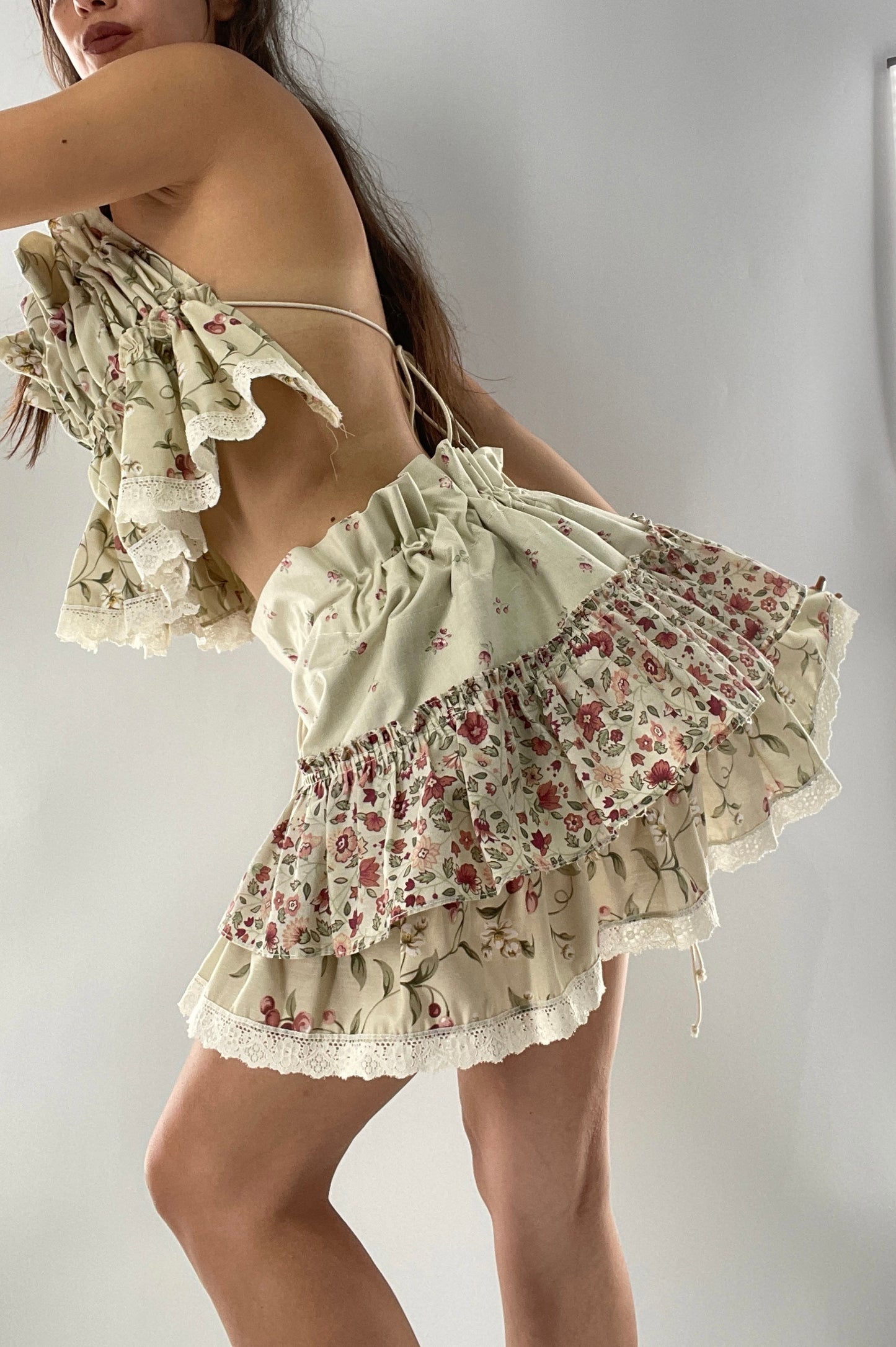 Vintage Cherry Cottage Set with Tiered Ruffled Skirt and Ruched, Backless Top (One Size)