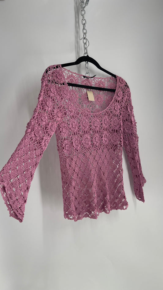 Vintage THE LIMITED 1990s Lavender Purple Hand Crochet Knit Blouse (Medium)