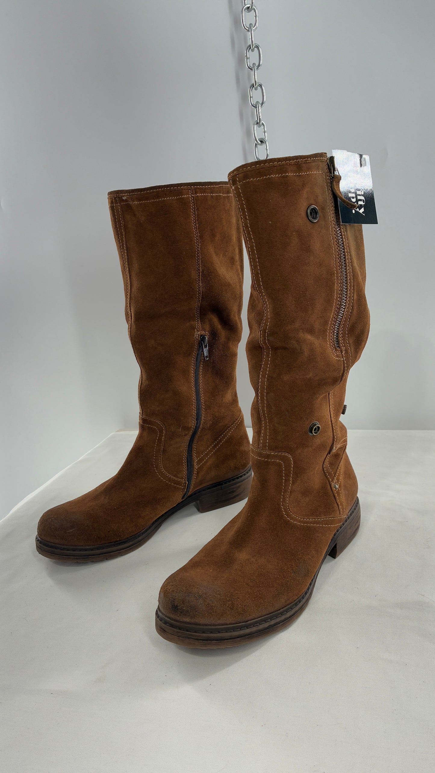 MANAS Brown Suede Leather Combat Style Boots with Fold Over Option (40)