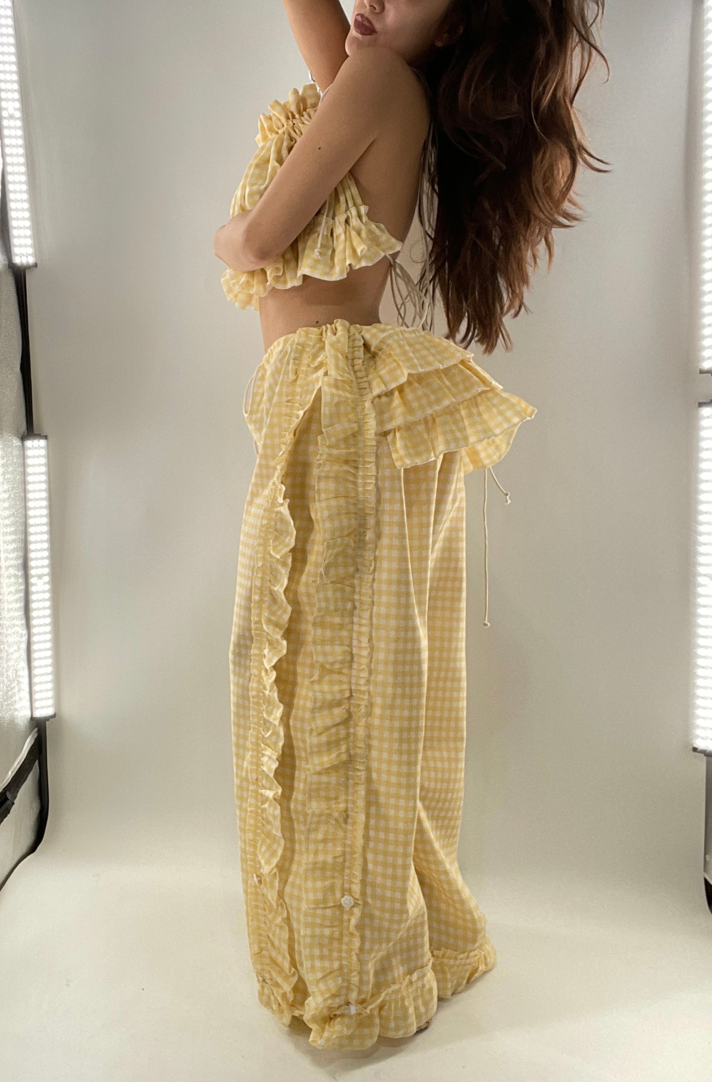 Vintage 2 Piece Yellow Checkered/Gingham Patterned Picnic Set with Ruched Bust Top and Ruffle Side Wide Legs with Adjustable Length, Strap Up Buttons on Hem (One Size)
