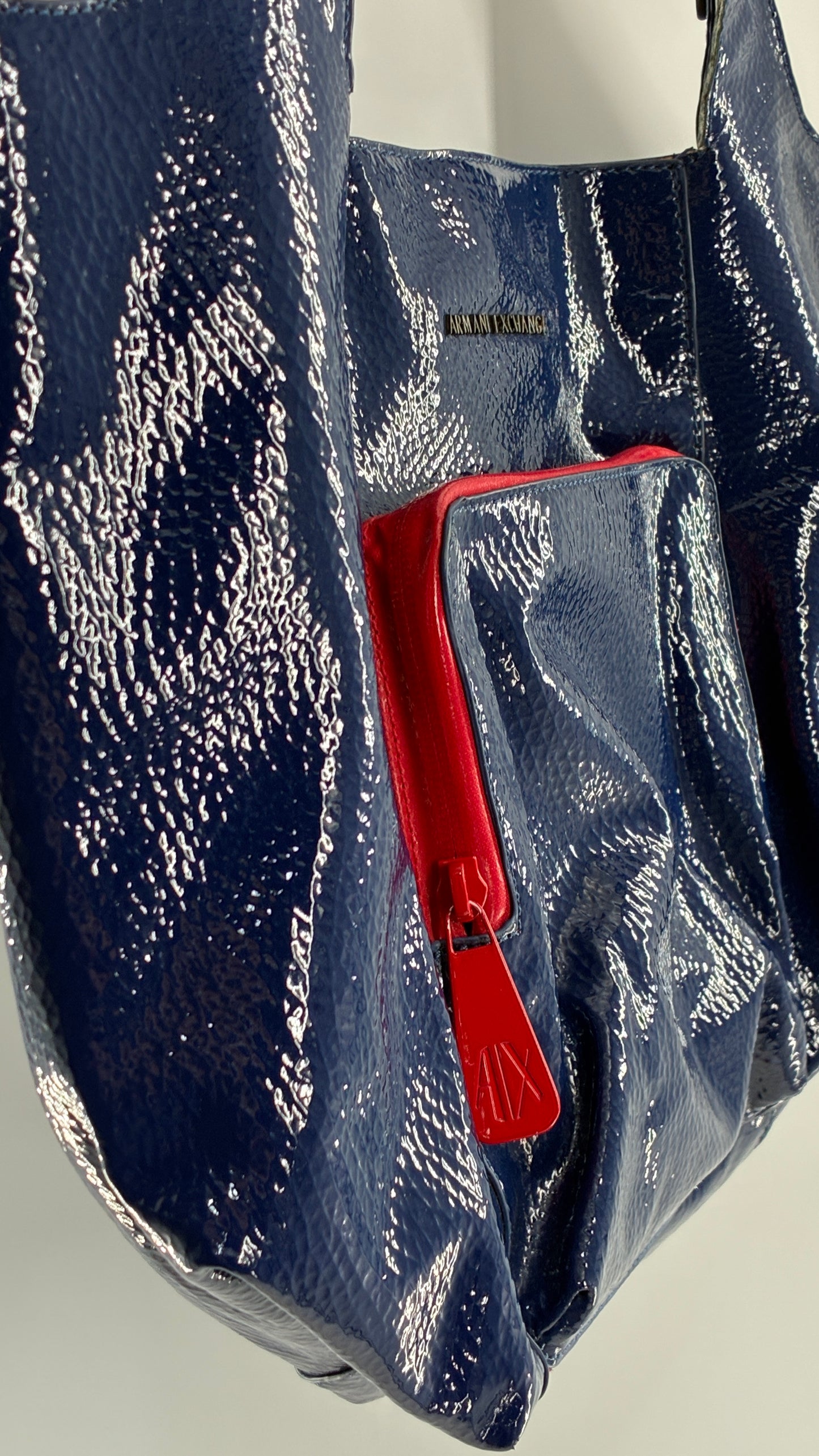 Vintage ARMANI EXCHANGE Navy Blue Patent Tote Bag with Contrasting Red Zipper