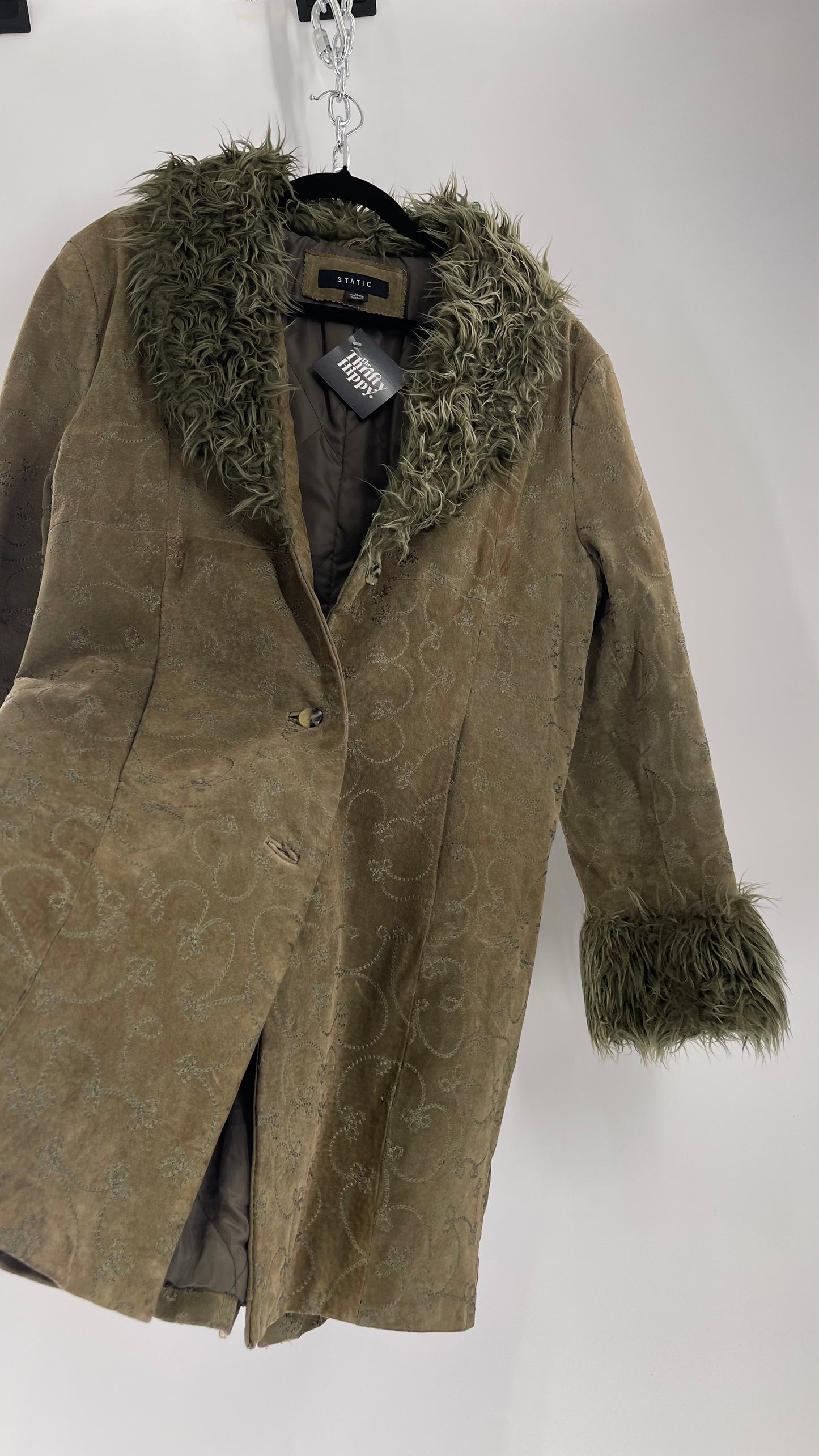 Vintage STATIC Embroidered Genuine Leather Coat with Fur Cuffs and Collar (C) (XL)