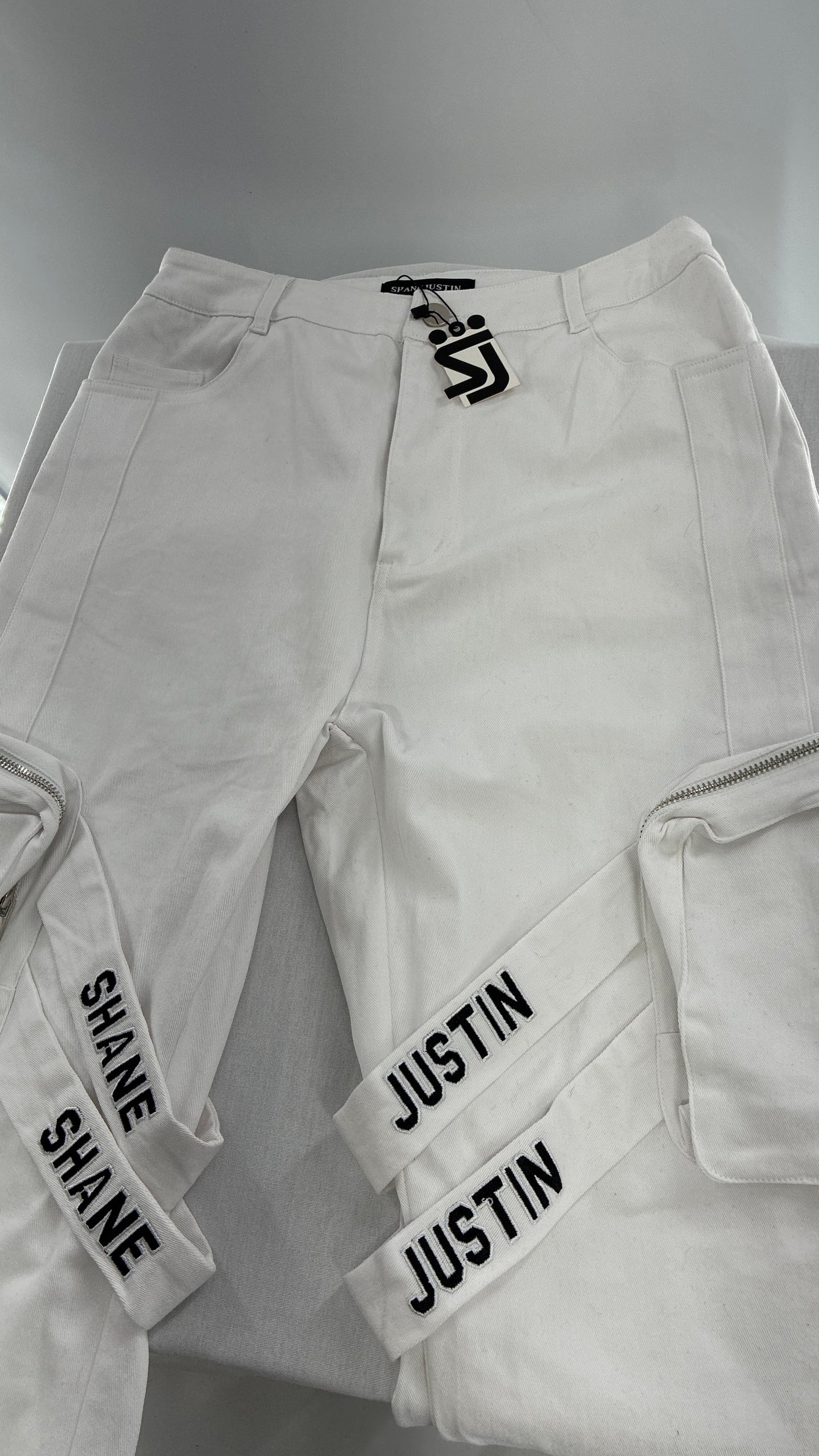 Designer SHANE JUSTIN White Stacked Extendo Cargo Pants with Embroidered Logo Pants and Tags Attached (Small)