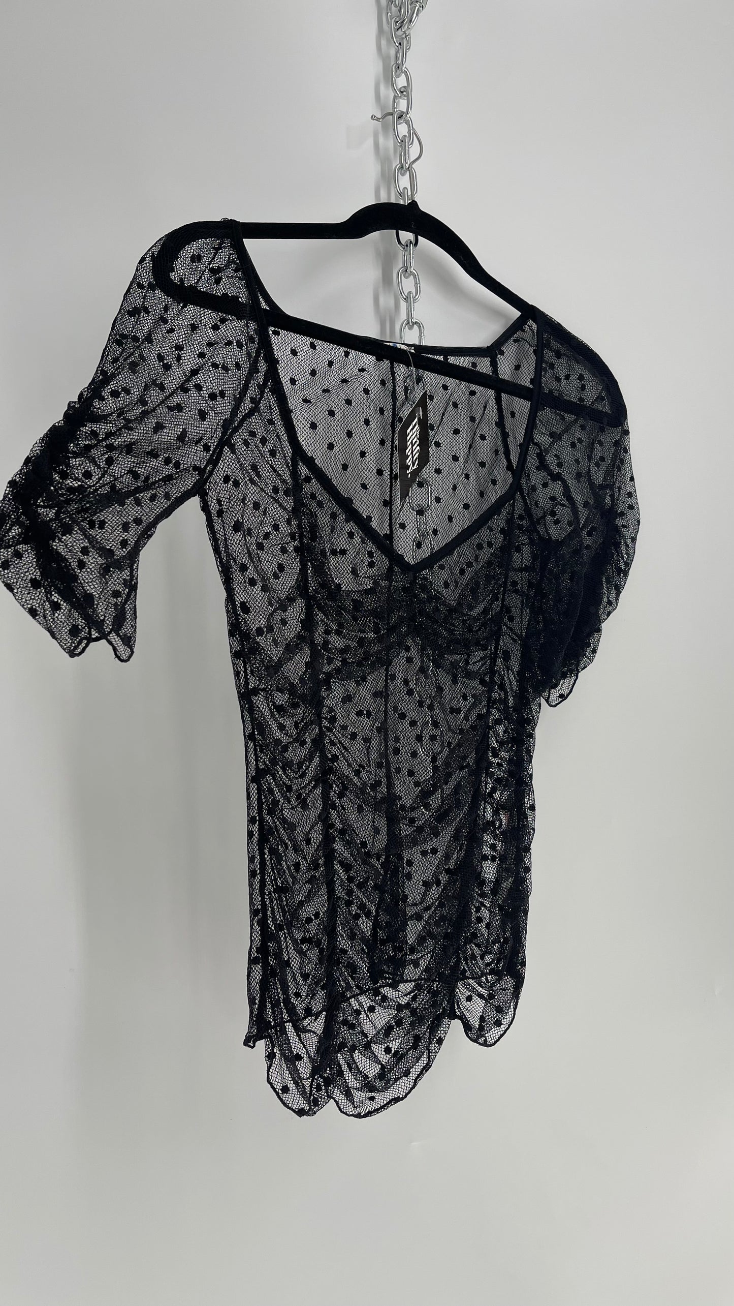 Intimately Free People Black Mesh Polka Dotted Puff Sleeve Blouse (Small)