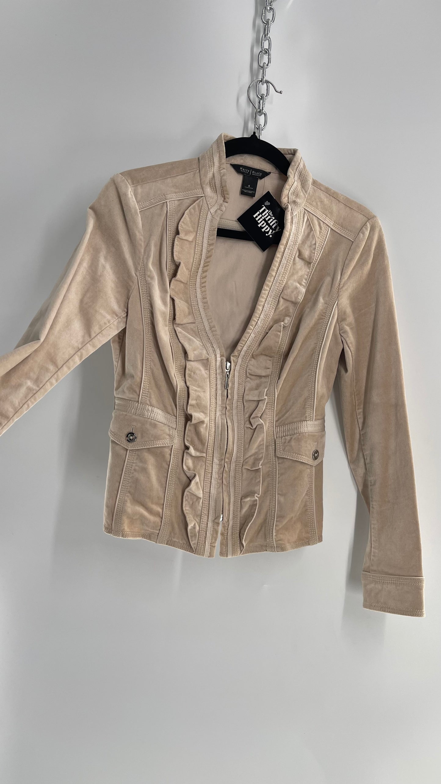 Vintage White House Black Market Ivory Velour Zip Front Ruffled Jacket Top (4)