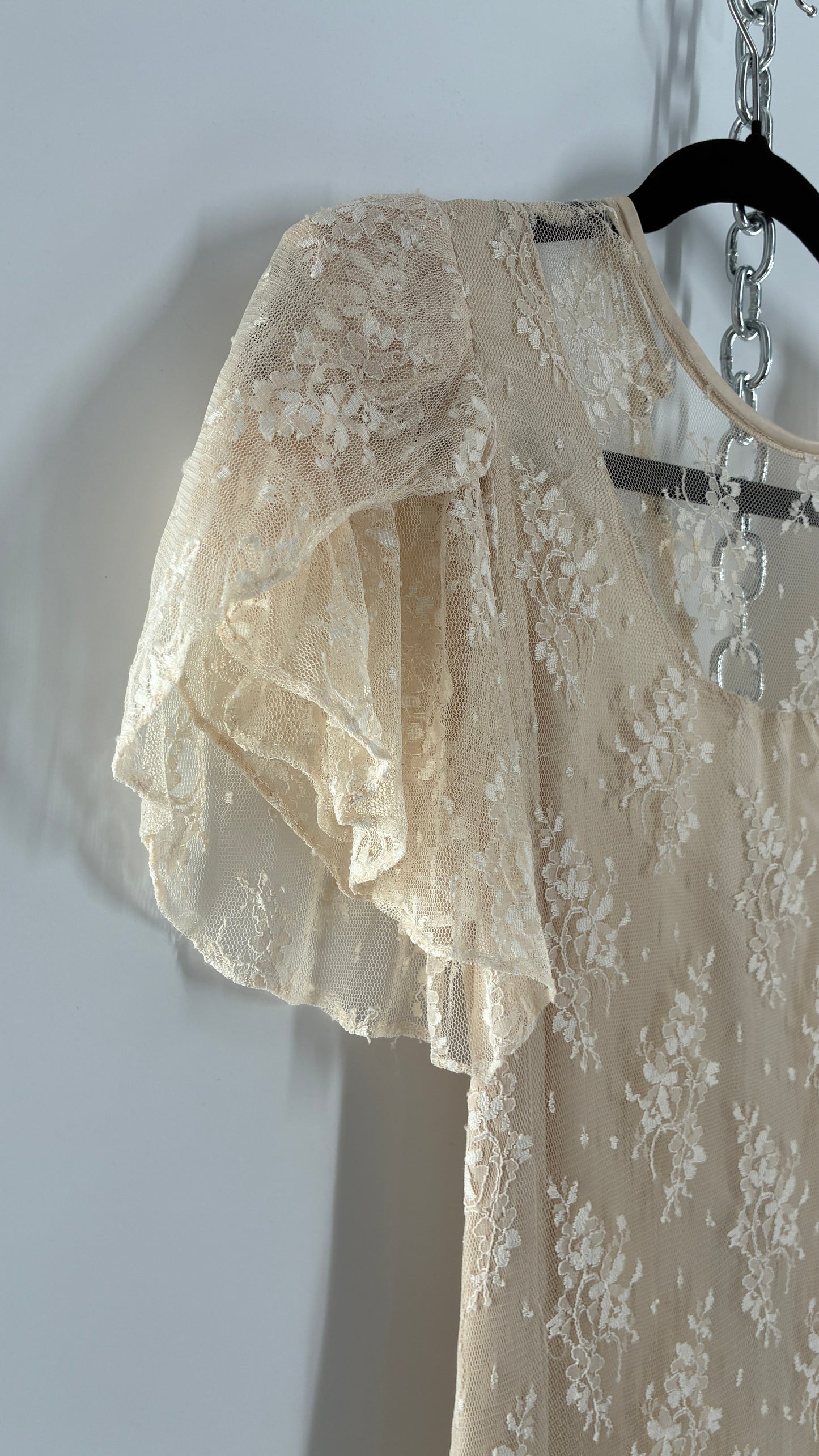 Vintage Ivory Lace Gown with Petal Sleeves, Tiered Hemline (5/6)
