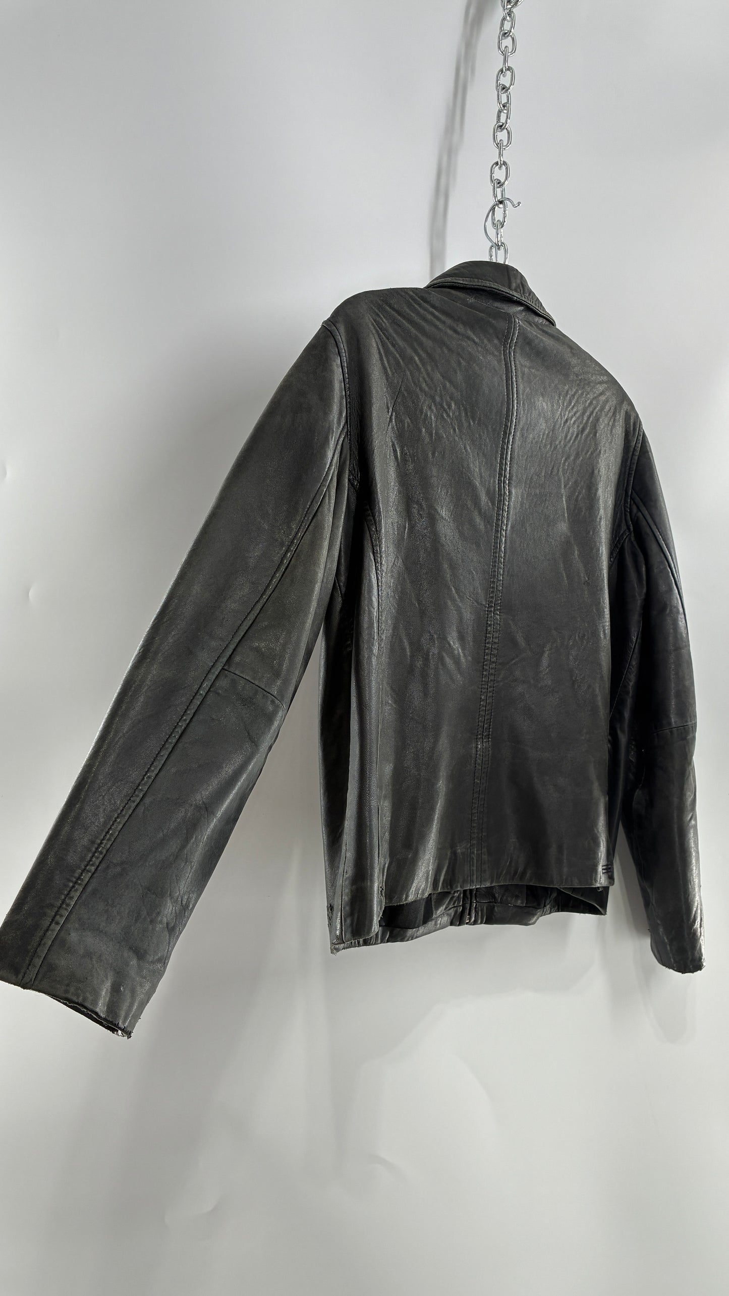 Vintage WINLIT New York Black Leather Collared Zip Front Paneled Jacket (Large)