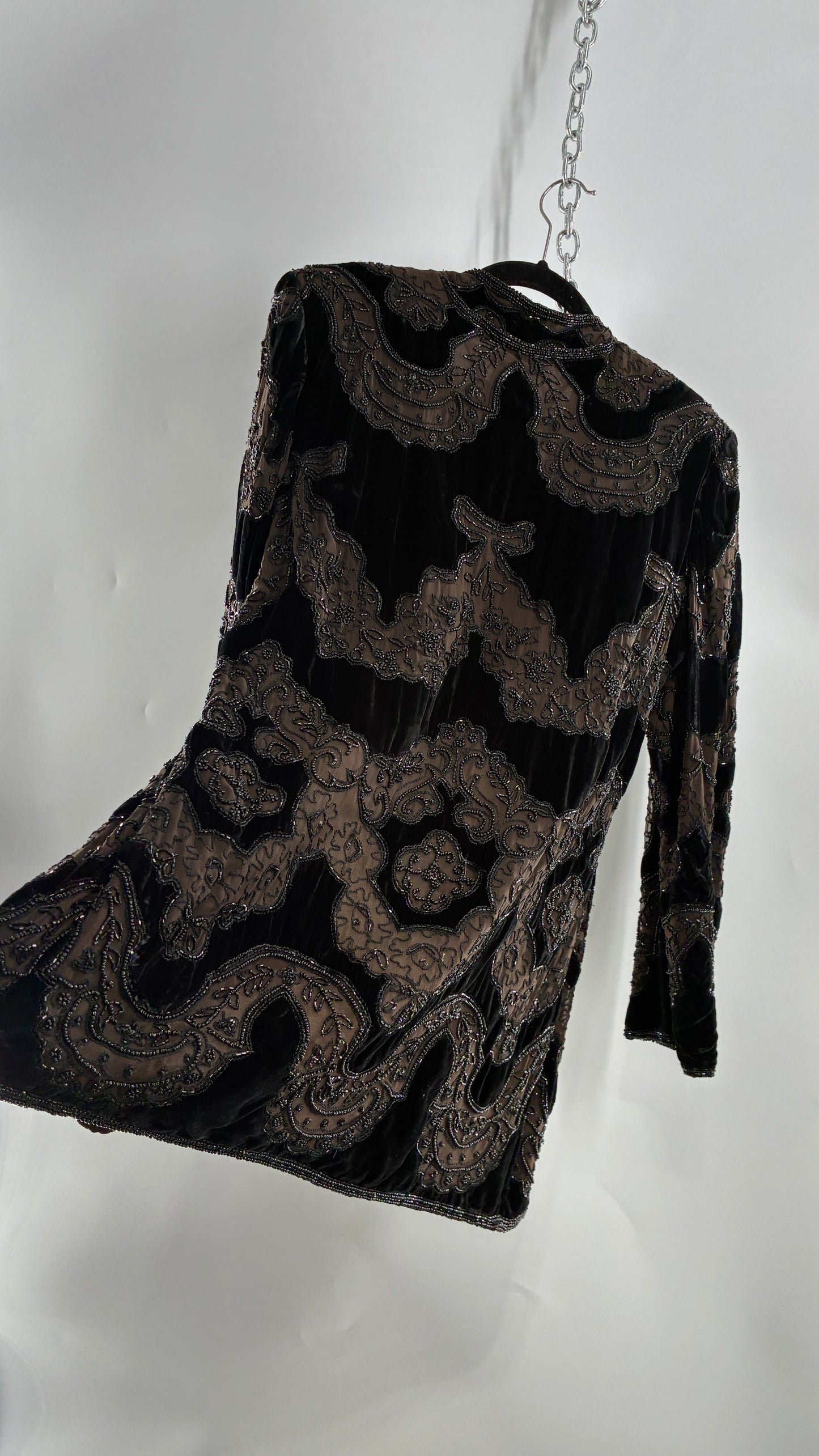 Vintage OLEG CASINI 100% Silk Velour Heavily Beaded Coat (Medium)