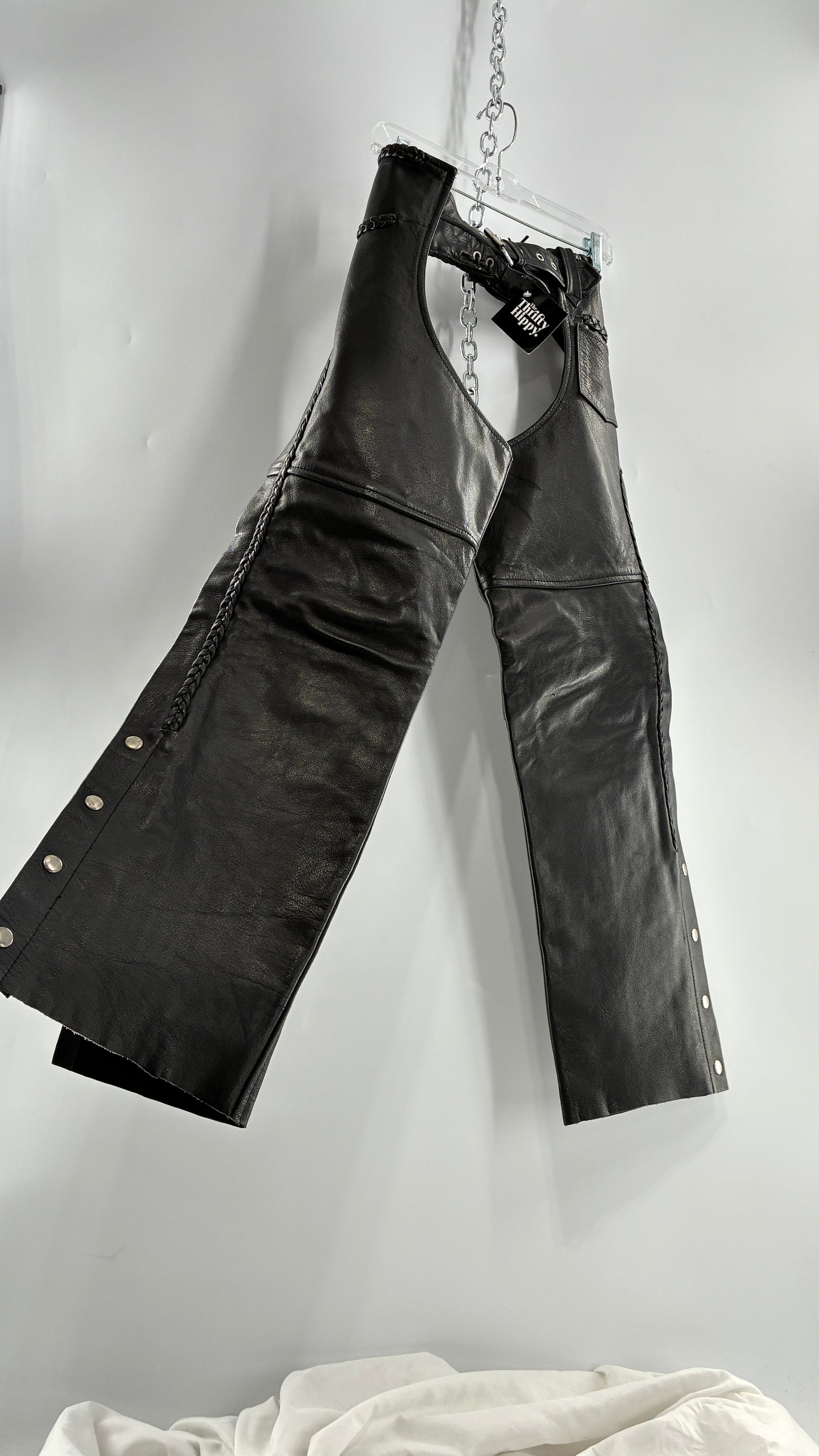 Vintage AMERICAN LEATHER Black Motorcycle Chaps/Pants with Mini Pocket, and Side Zipper Detailing (XS)