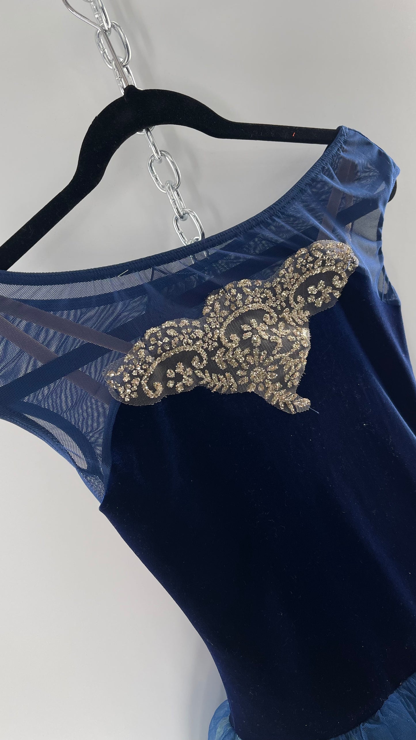 Midnight Muse Navy and Teal Mesh Tutu Skirt with Gold Glitter Hem Detailing (Medium)