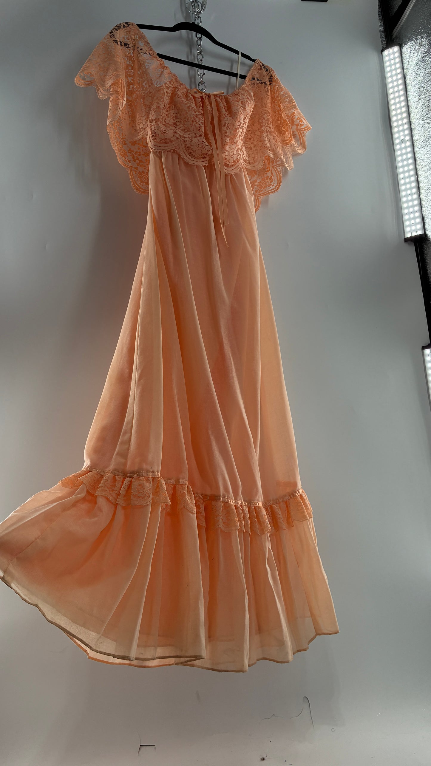 Vintage 1960s Ruffled Off the Shoulder Peach Full Length Voluminous Gown with Tie Back (9/10)