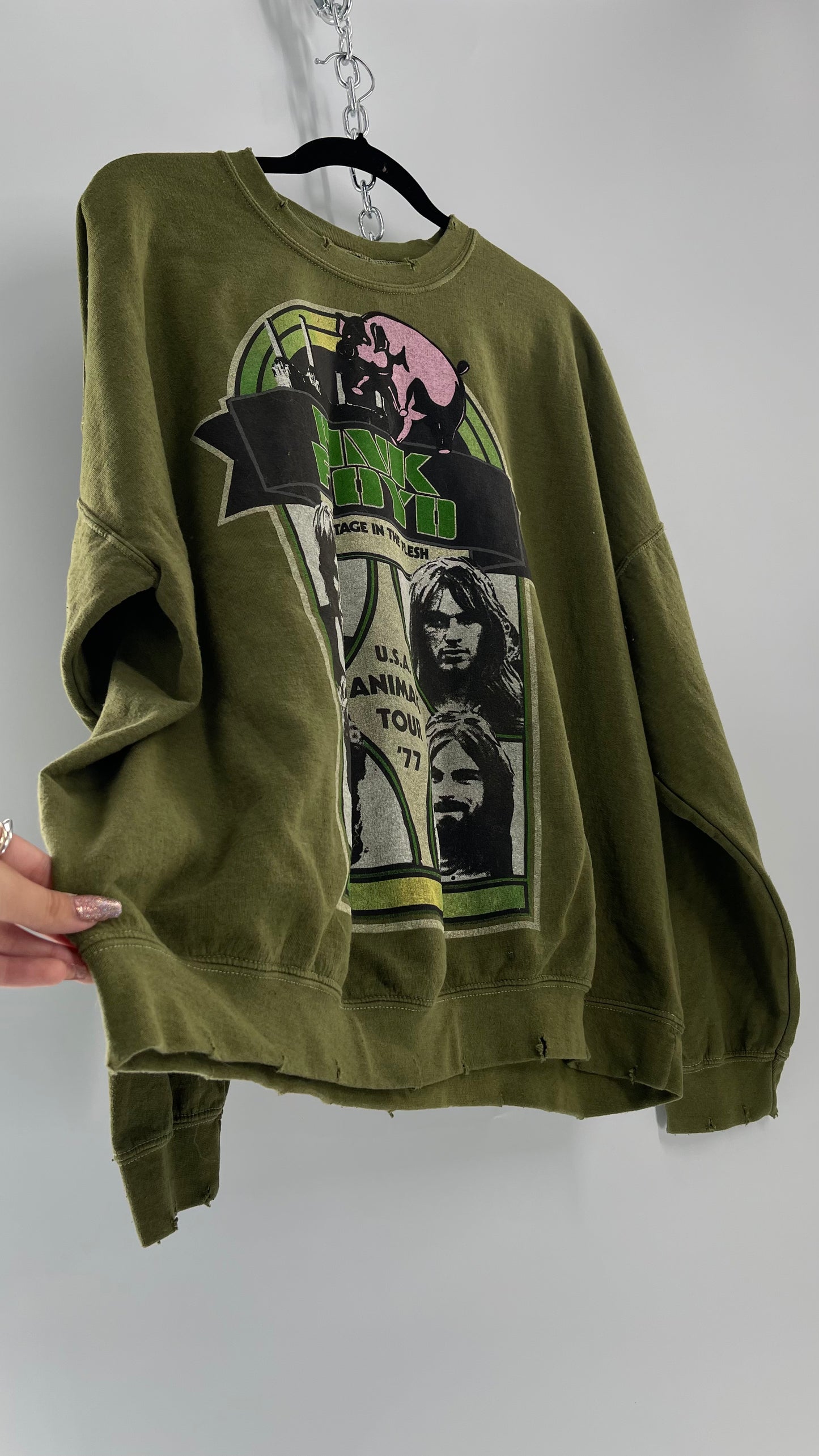 Vintage Green Graphic Pink Floyd Crewneck Knits with Distressed Neckline and Hems (L/XL)