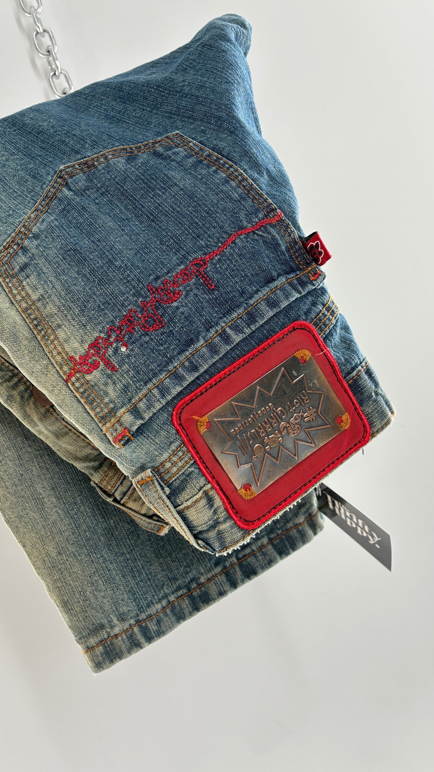 Rare Vintage DONA FLORINDA RIOT GIRLS Faded Wash Denim with Heavy Metal Jacron and Embroidery (38)