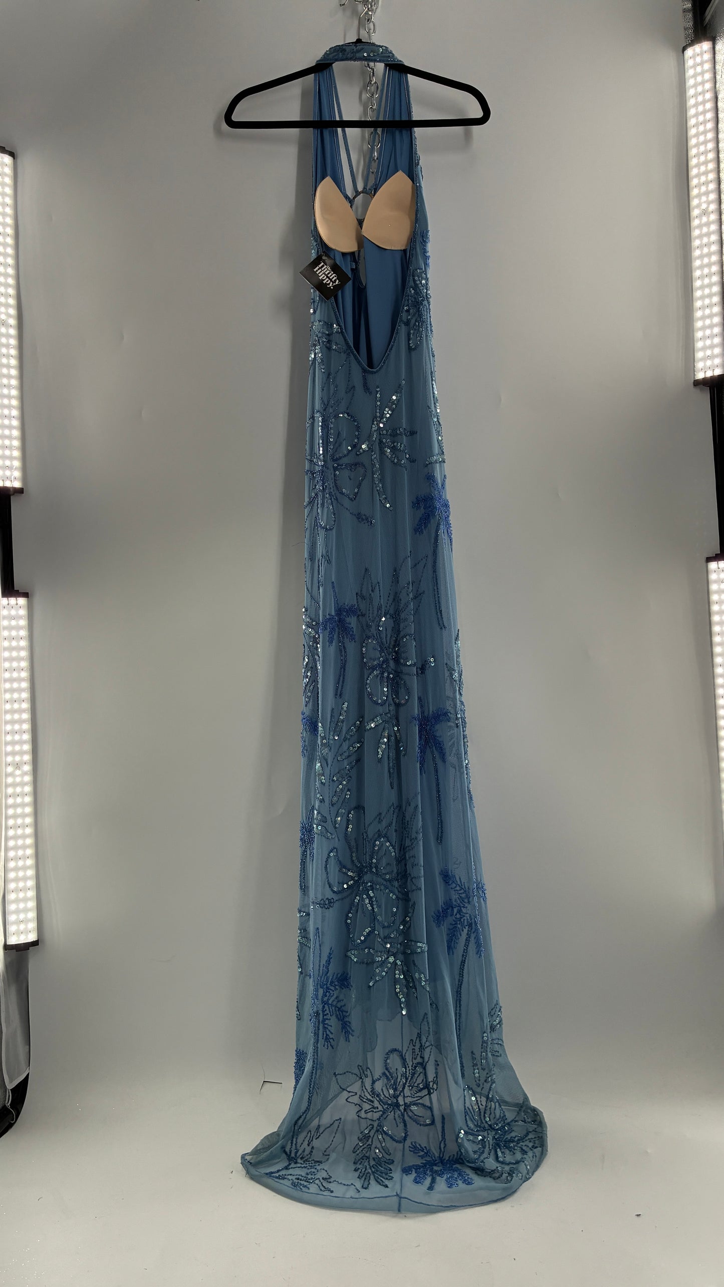 Vintage 1990s Powder Blue Gown Covered in Beaded Appliqué Tropical Designs with Strappy Bust and Low, Open Back (S/M, stretchy no size marked)
