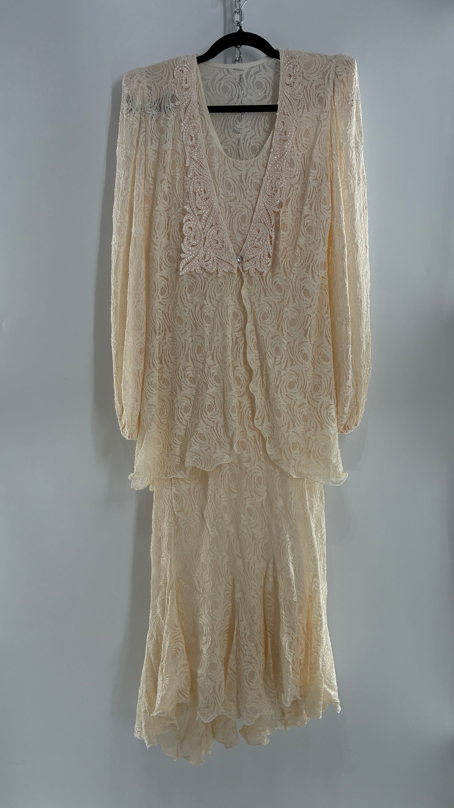 Vintage SARA MIQUE New York Off White Maxi Dress and Balloon Sleeve Cardigan Set (M)