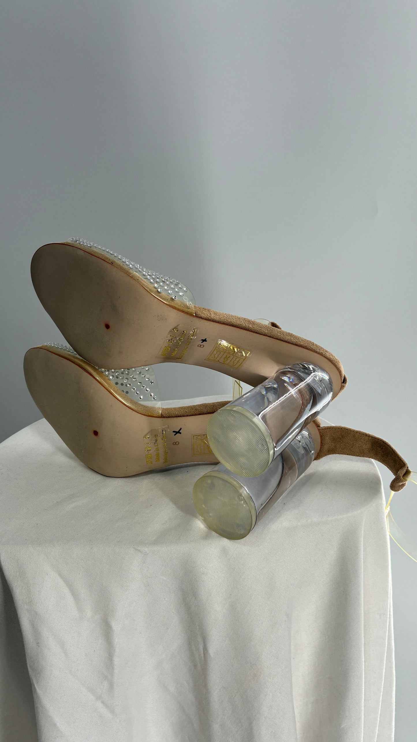 JEFFREY CAMPBELL Lucite Heel Suede Sole, Clear Strap Rhinestone Heel (8)