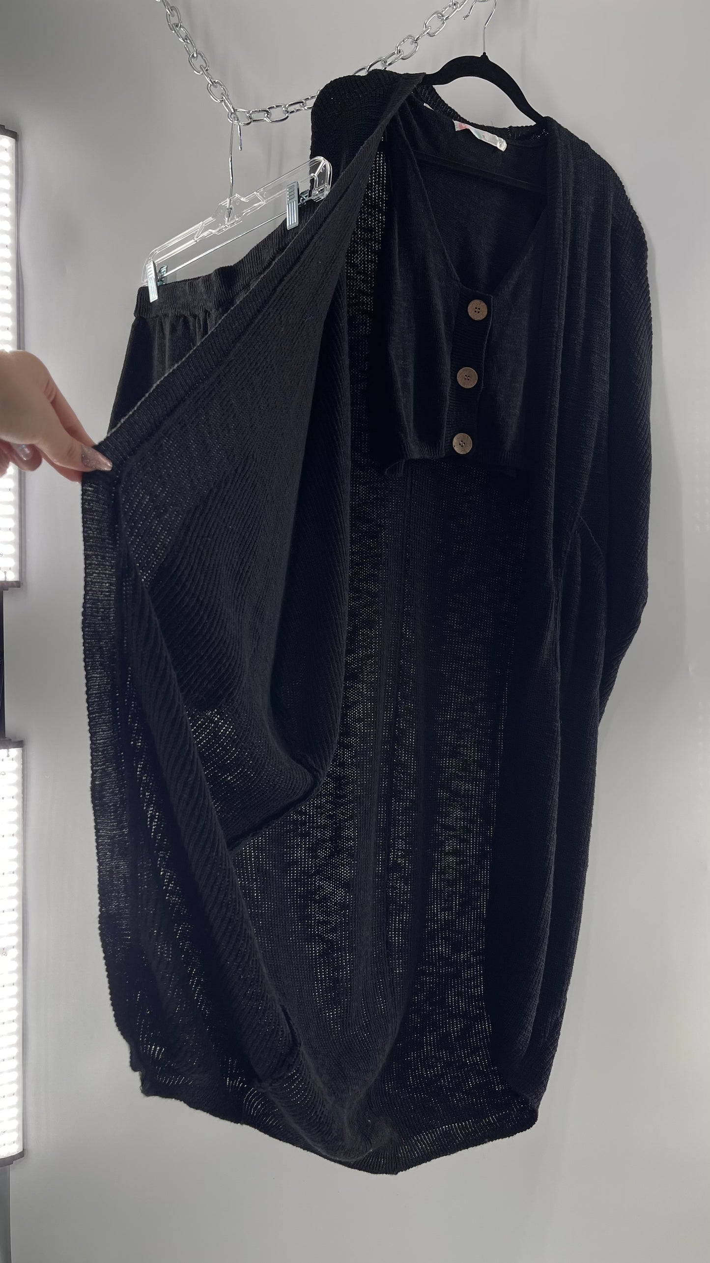 Free People Kai 3 piece Black Knit Cardigan, Tank, Shorts Set with Extra Button Never Worn (Medium)