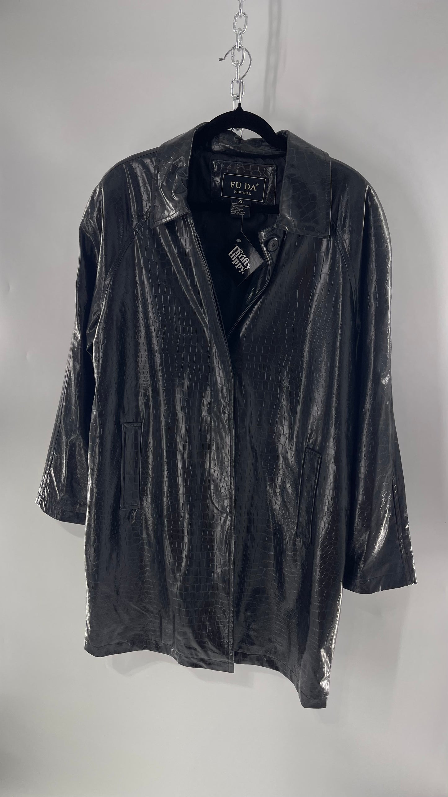 FU DA NEW YORK Black Crocodile Embossed Coat (C) (XL)