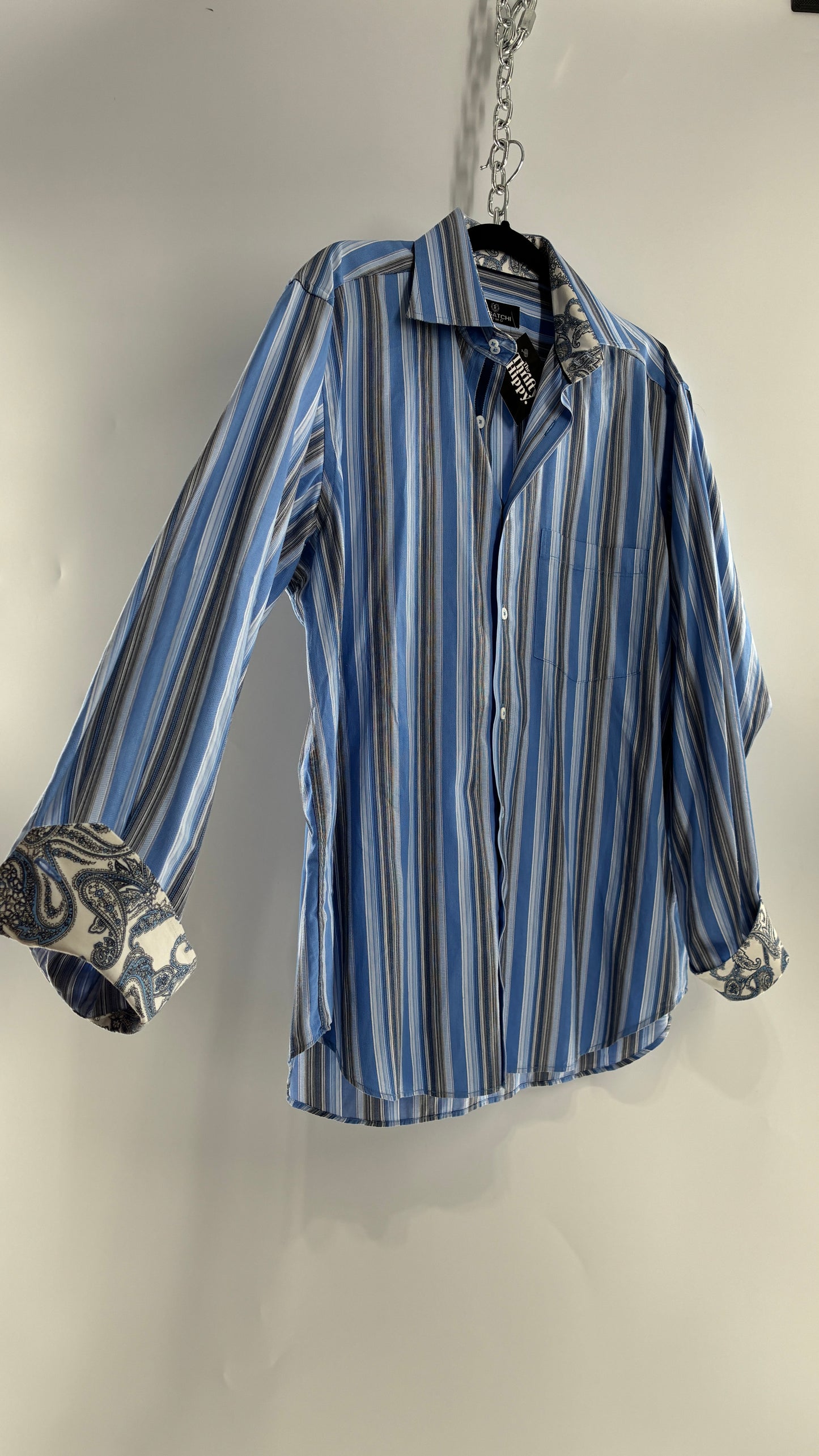 Vintage 1990s Bugatchi Men’s Blue Striped Button Up with Paisley Cuffs (Large)
