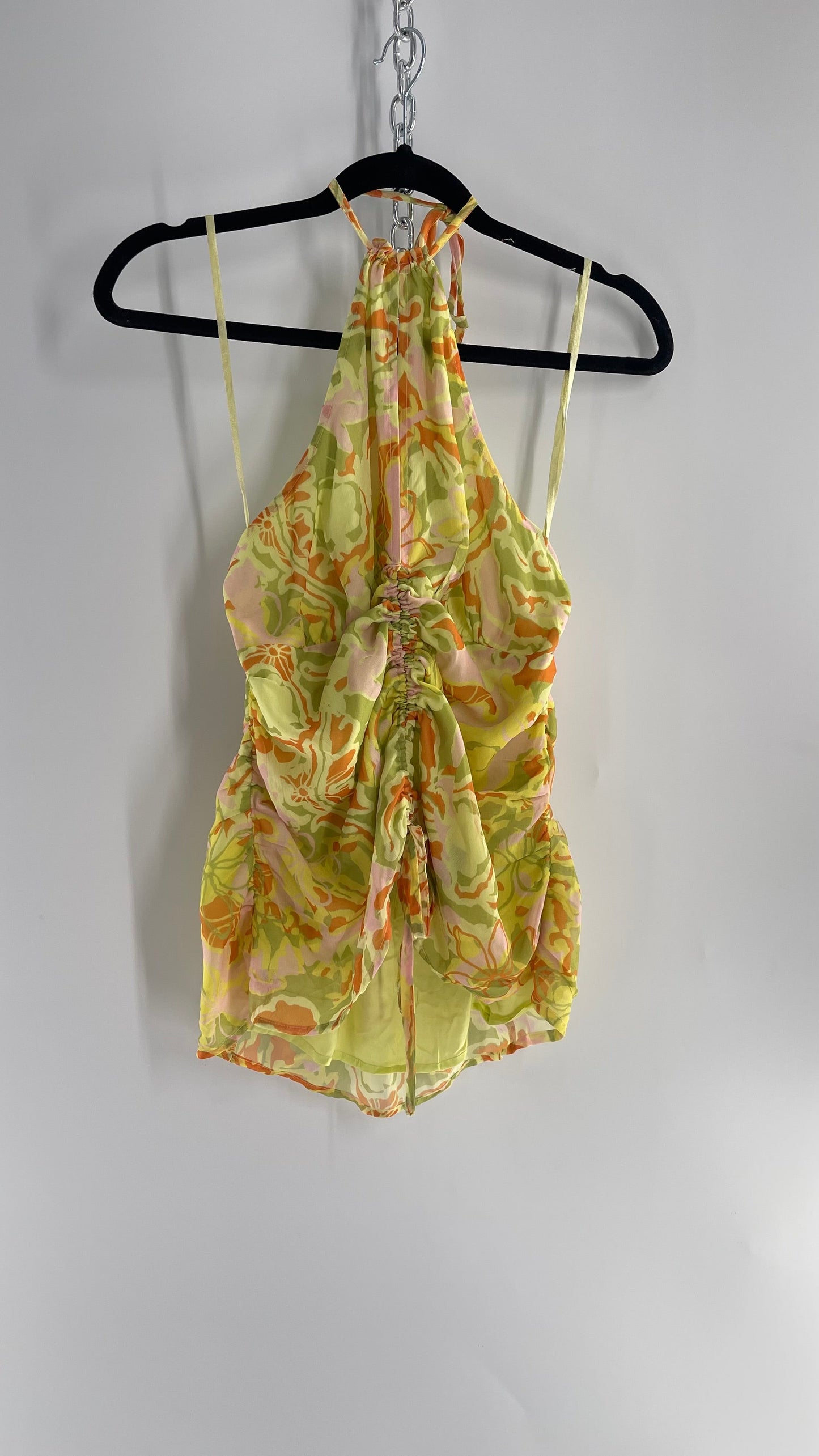 Free People Lime Green and Yellow Ruched Blouse with Cut Out Bust, Adjustable Scrunched Torso and Tie Neck Tank (XS)
