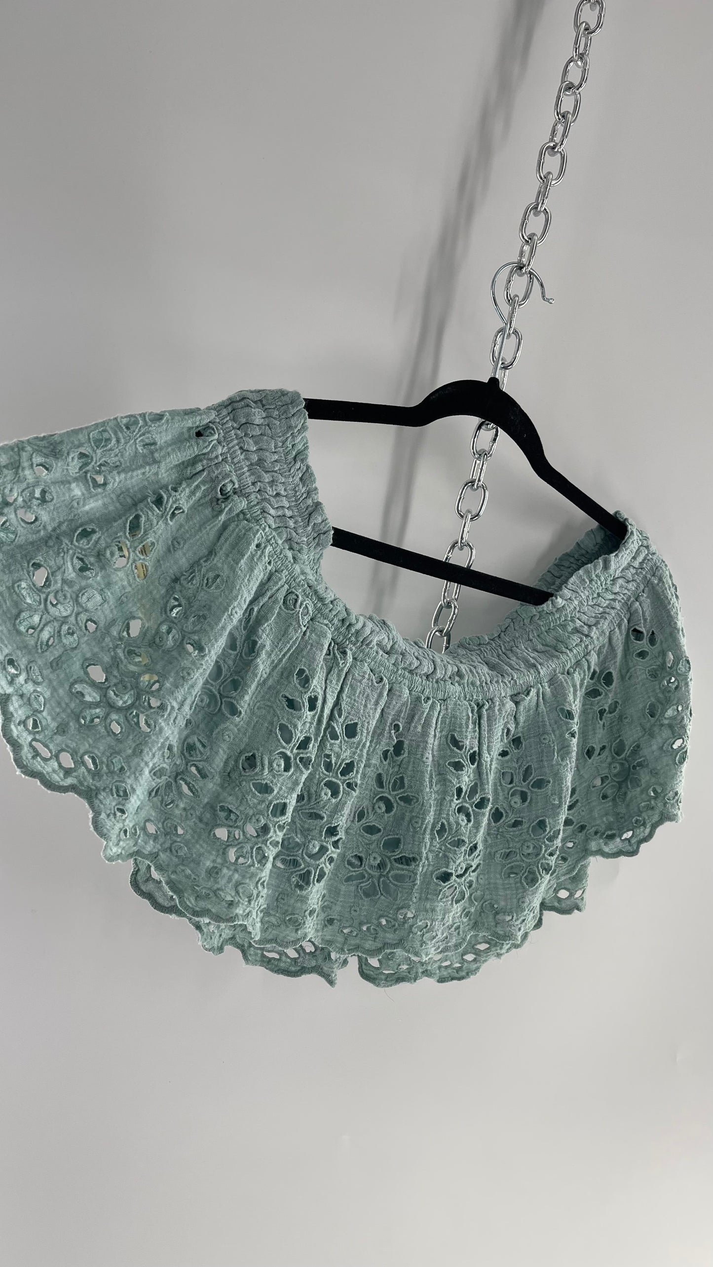 Free People Eyelet Cotton Teal Blue Off the Shoulder Ruffle Bandeau (Medium)