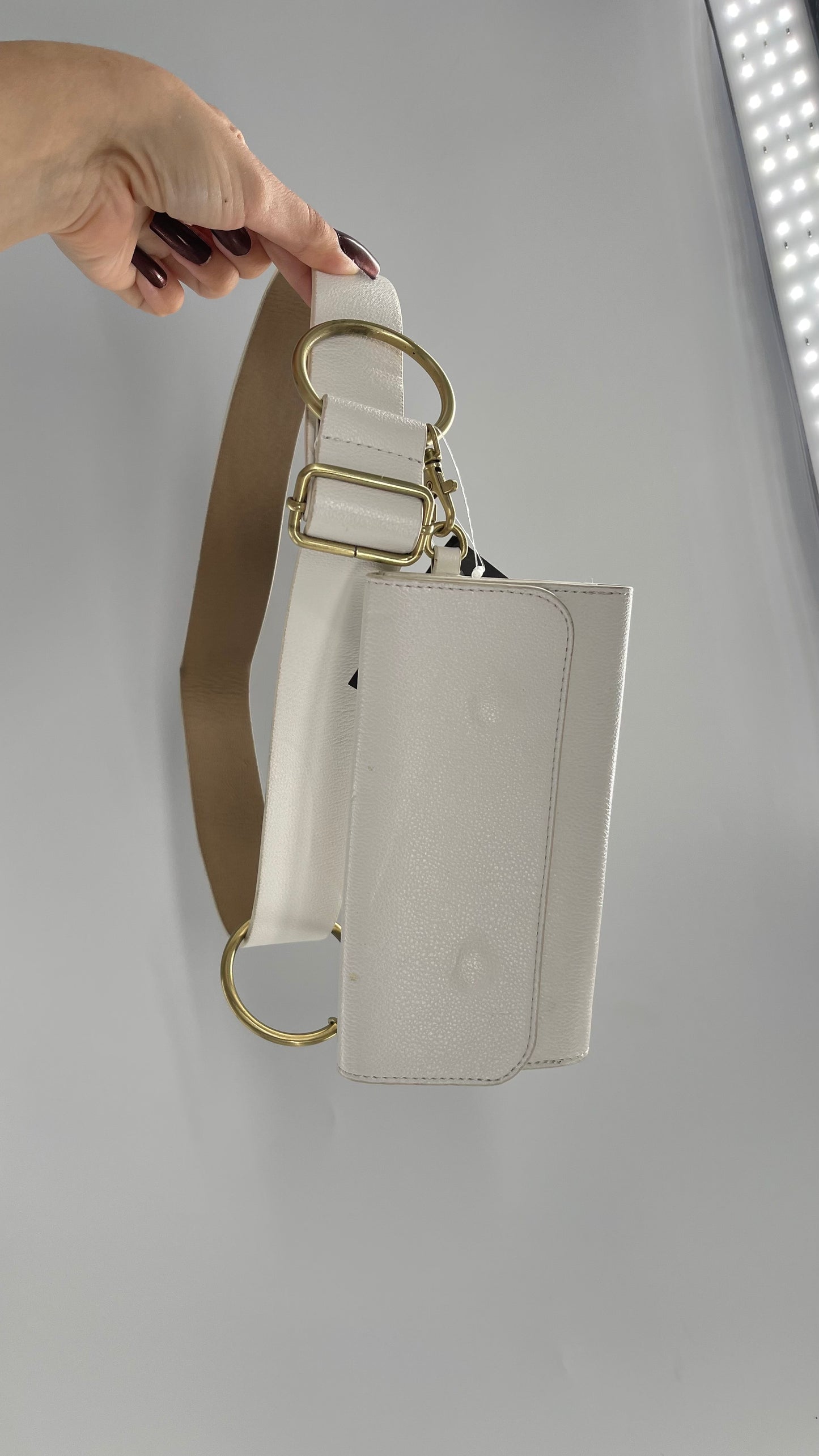 Anthropologie White Belt Bag with Gold Hoops