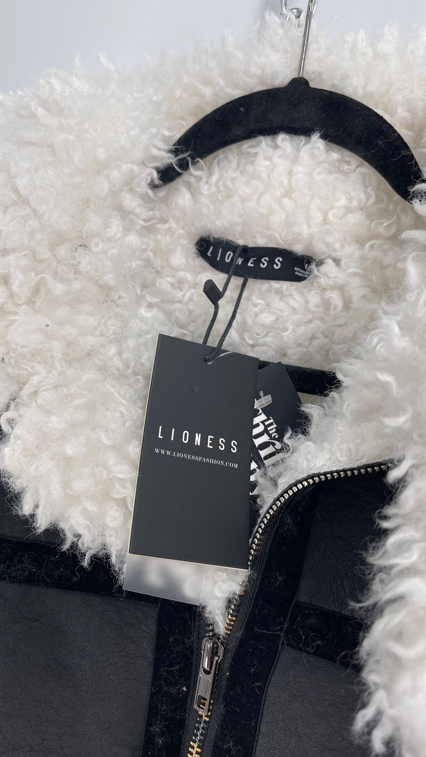 LIONESS Phoenix Jacket Black Faux Leather White Fur Trim (Large)