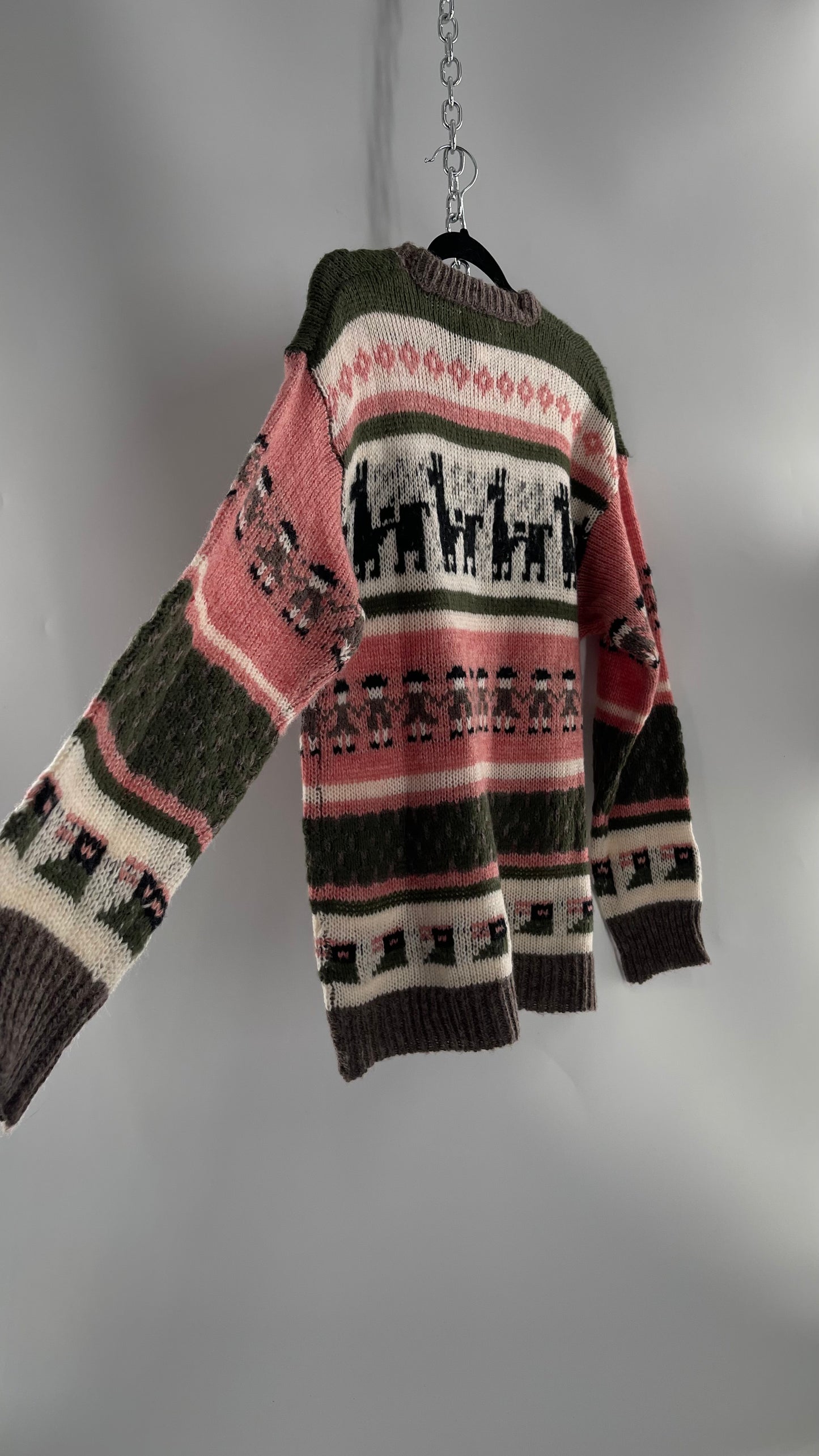 Cooke Collective Knit Llama/Alpaca Graphic Sweater with Army Green, Pink and White Colorway (Medium)