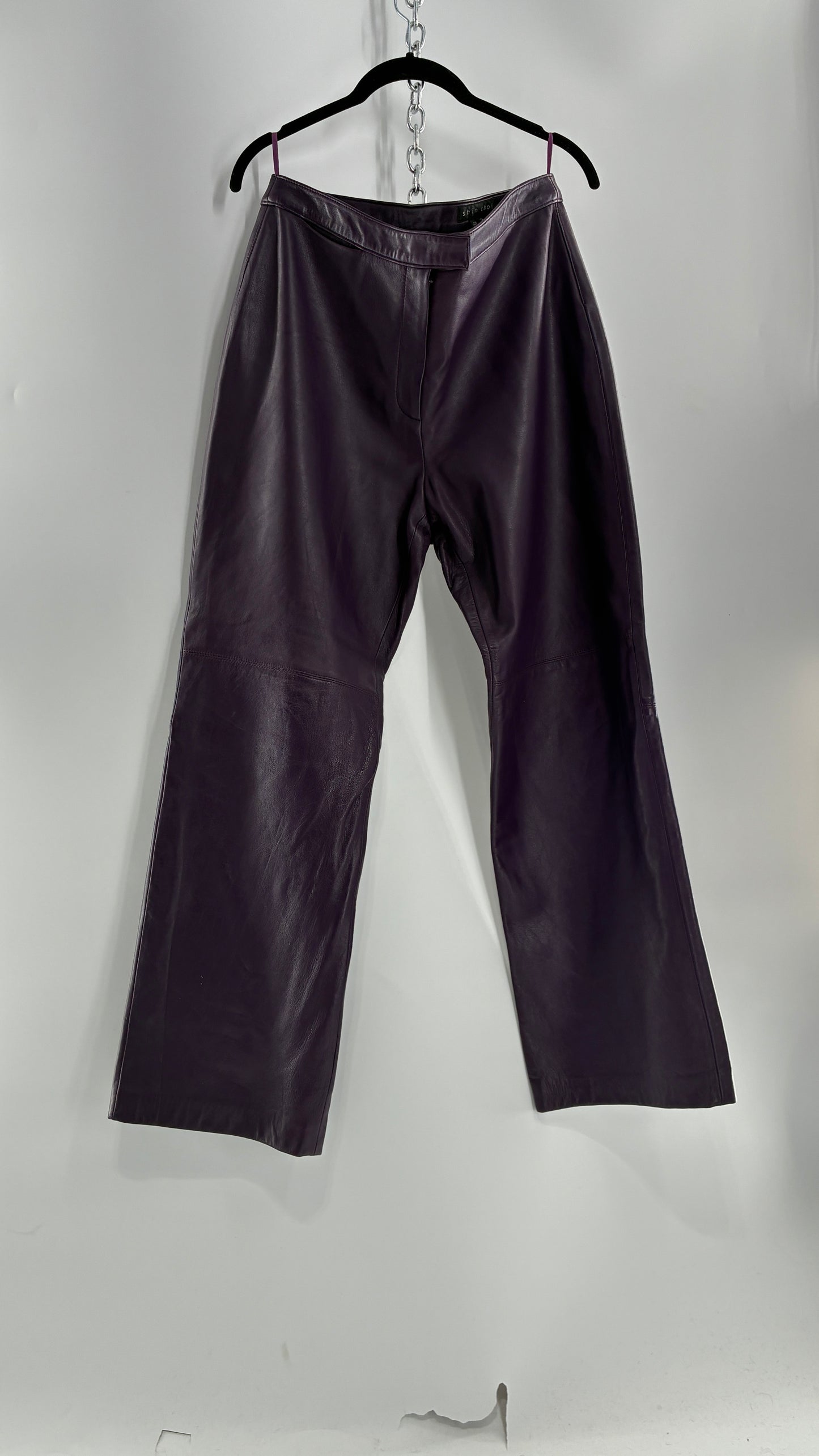 Vintage SHIN CHOI Genuine Italian Leather Purple Side Closure Low Rise Pants (12)