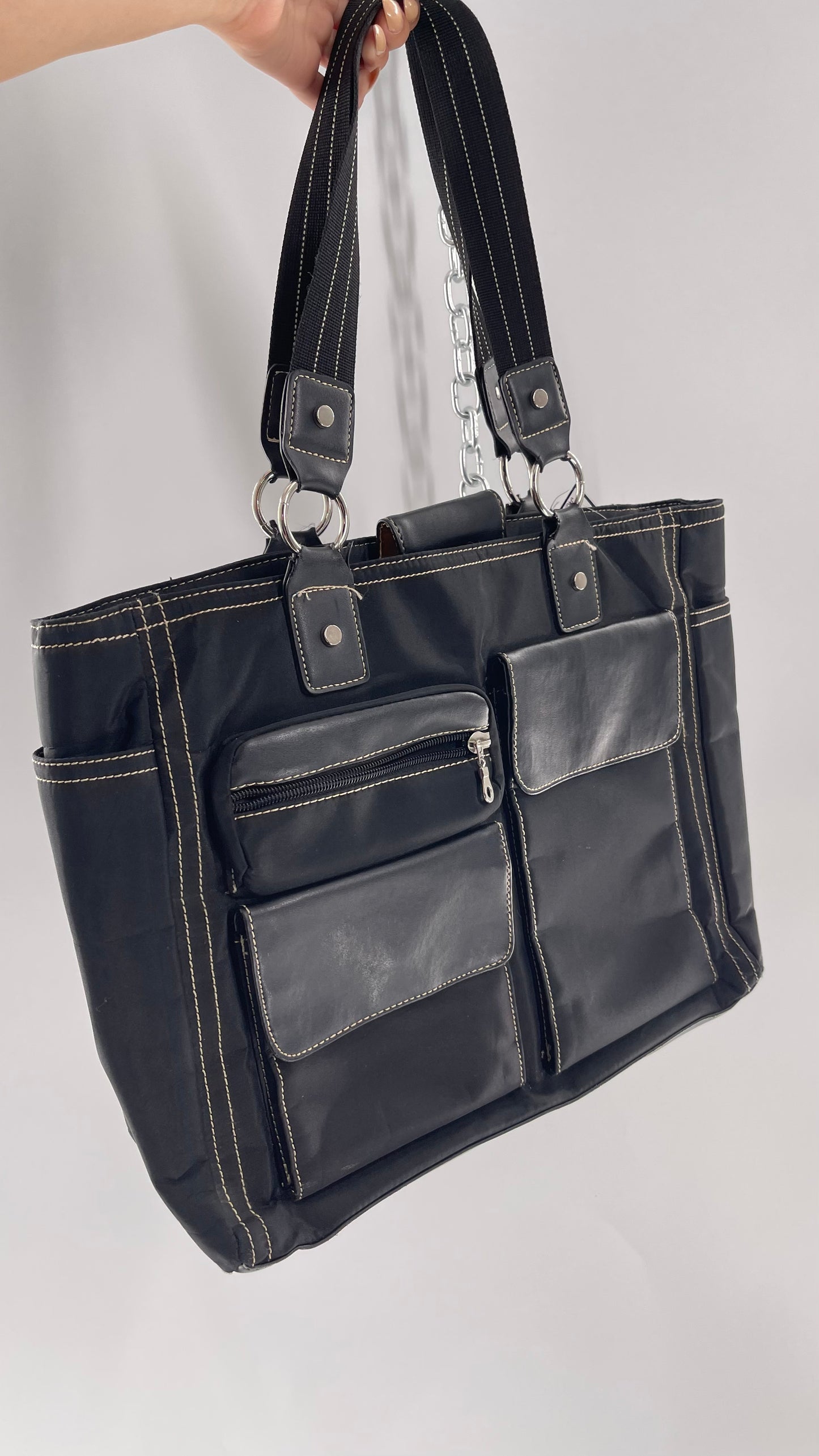 Vintage Oversized Black Exaggerated Pocket Tote Bag with Contrast Stitching