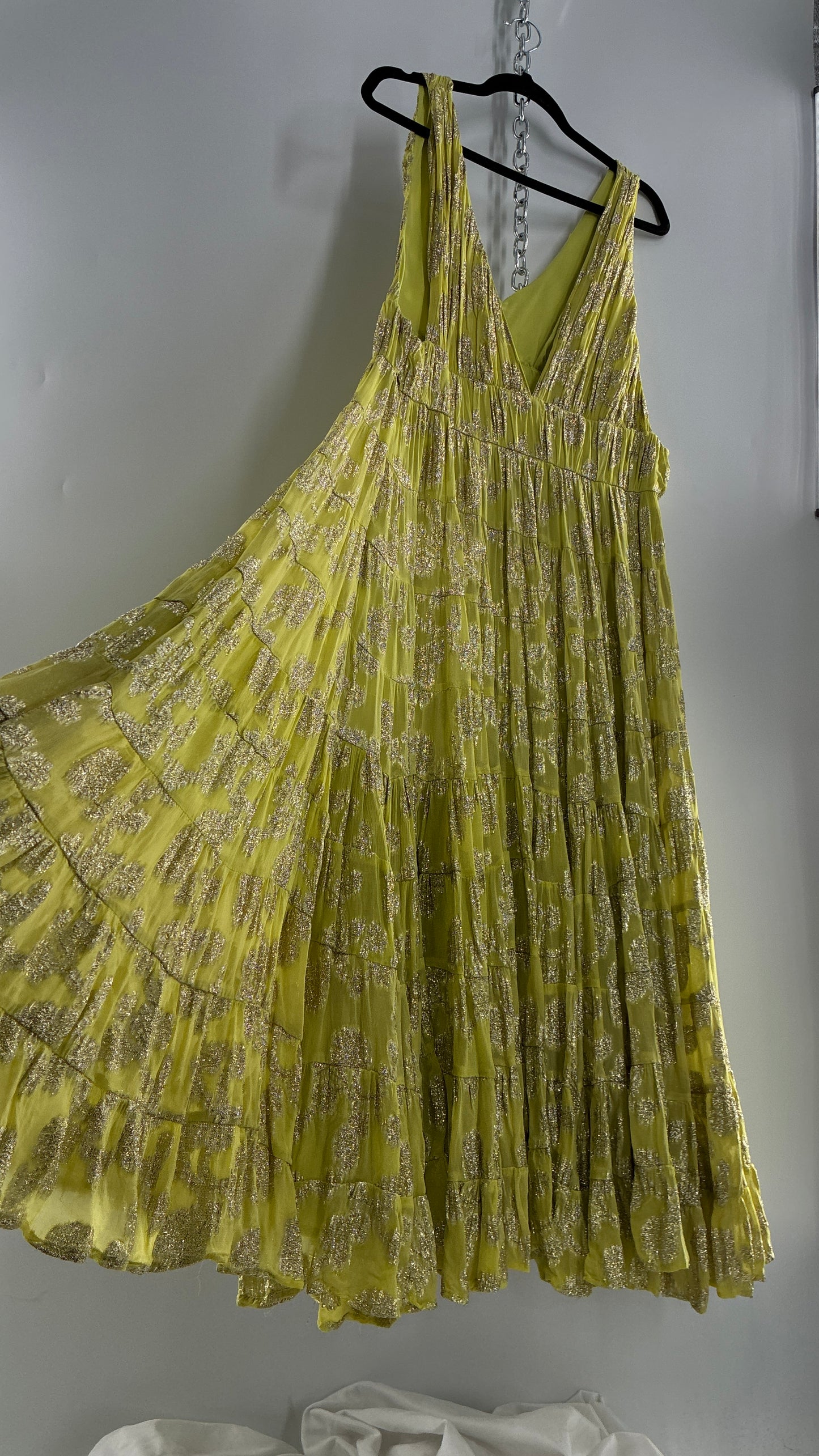 LET ME BE Lime Yellow/Green Ultra Voluminous Tiered Dress with Gold Metallic Jacquard Appliqué Pattern (XL)