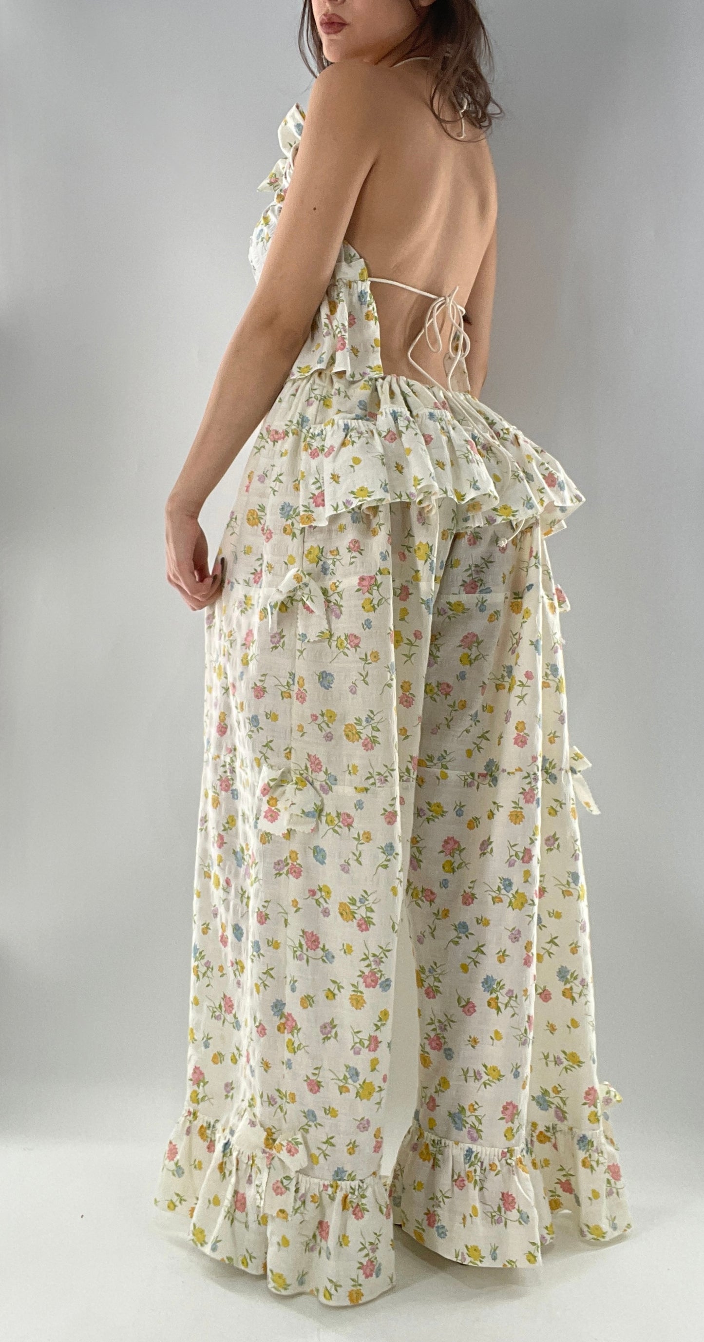 Vintage 2 Piece Floral Babydoll Set with Adjustable Top and Adjustable Pants Featuring Bow Sides and Ruffles Bum (One Size)